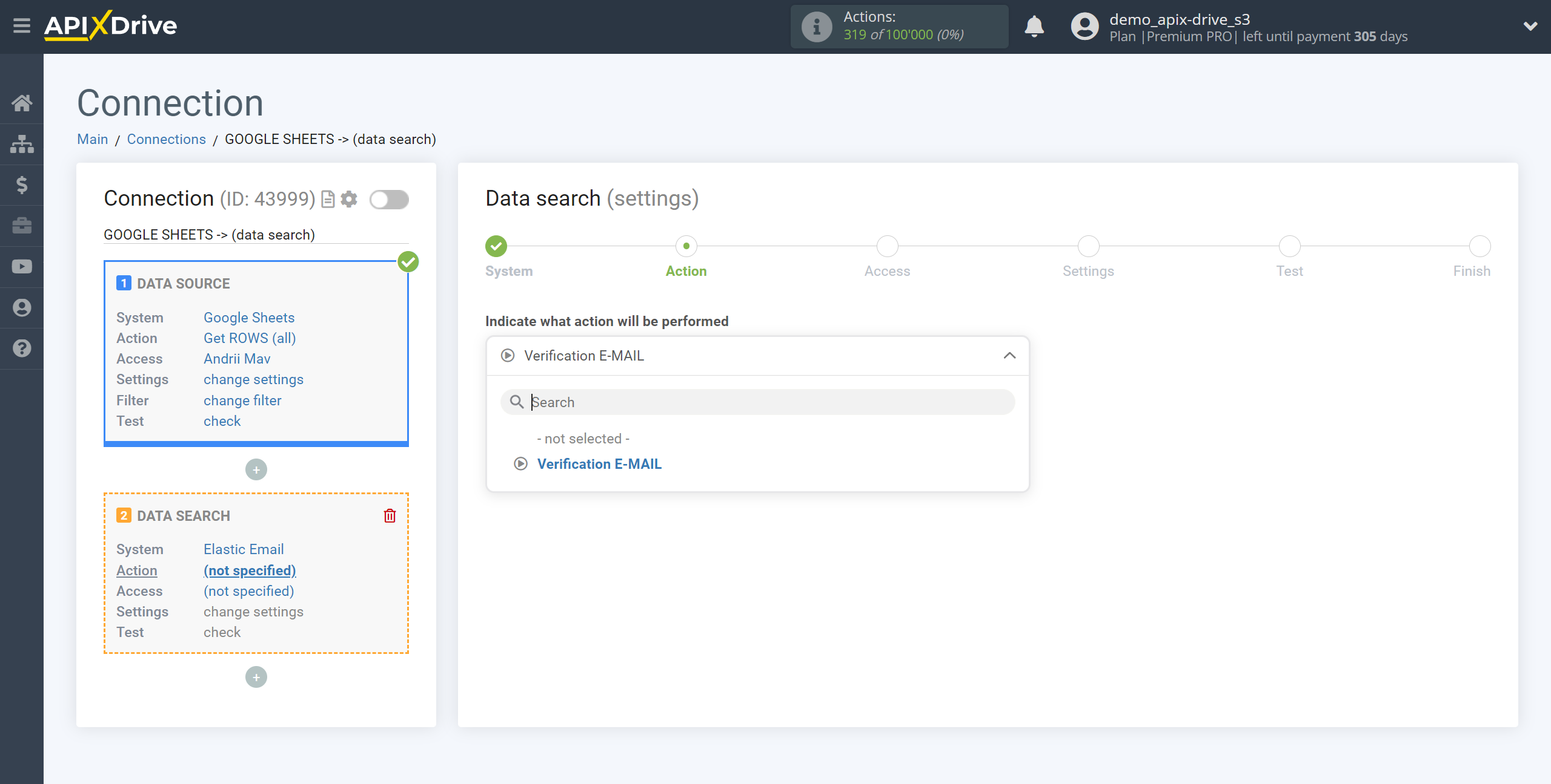 Setting Search to Verification E-MAIL Elastic Email in Google Sheets | Action selection