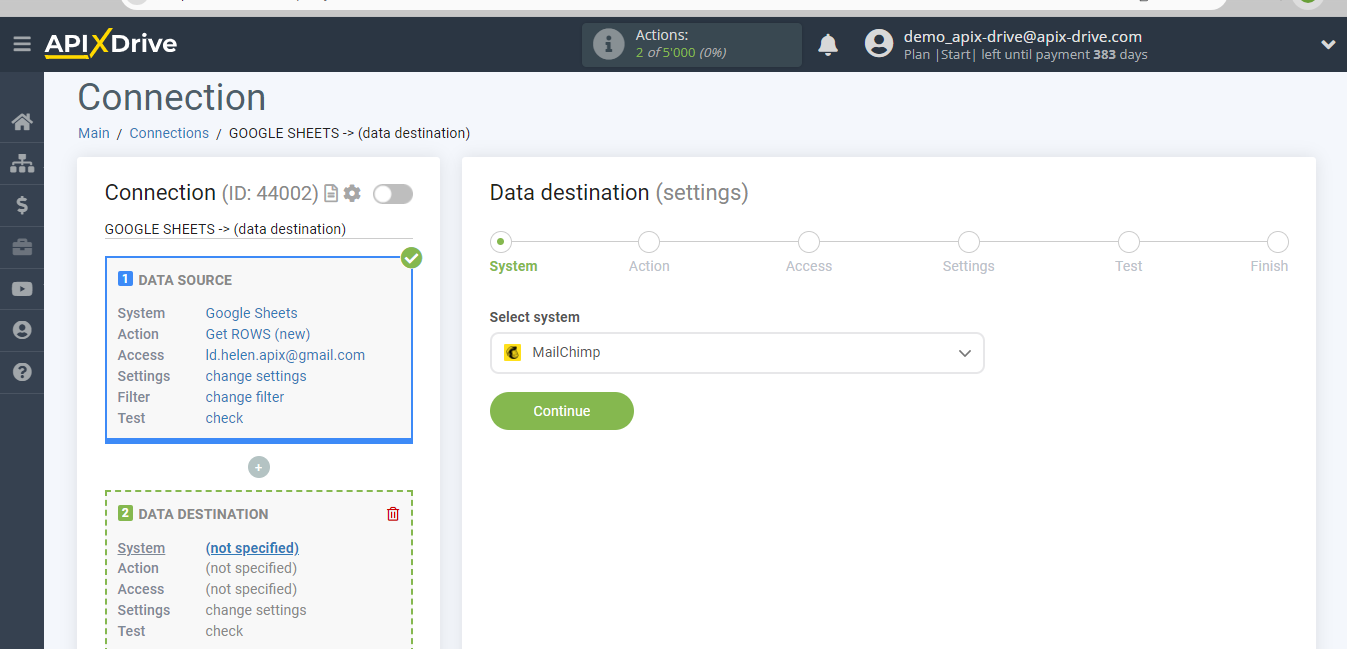 How to Connect MailChimp as Data Destination | System selection