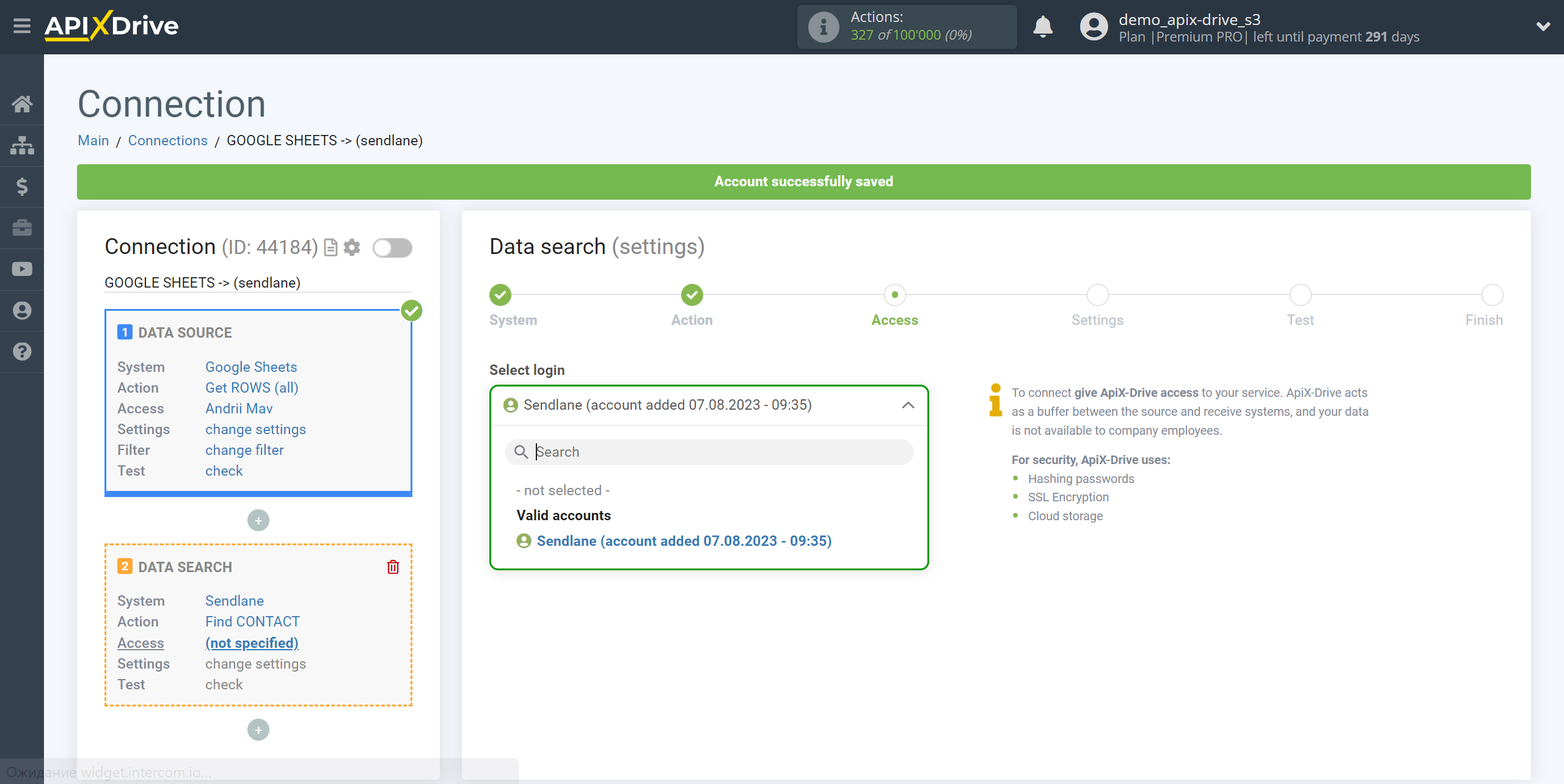 Setting up Sendlane Contact Search in Google Sheets | Selecting a Search account