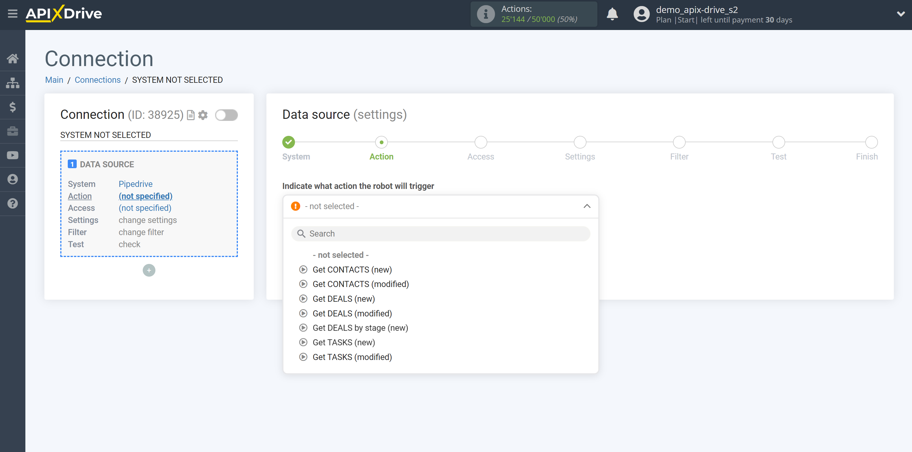 How to Connect Pipedrive as Data Source | Action selection