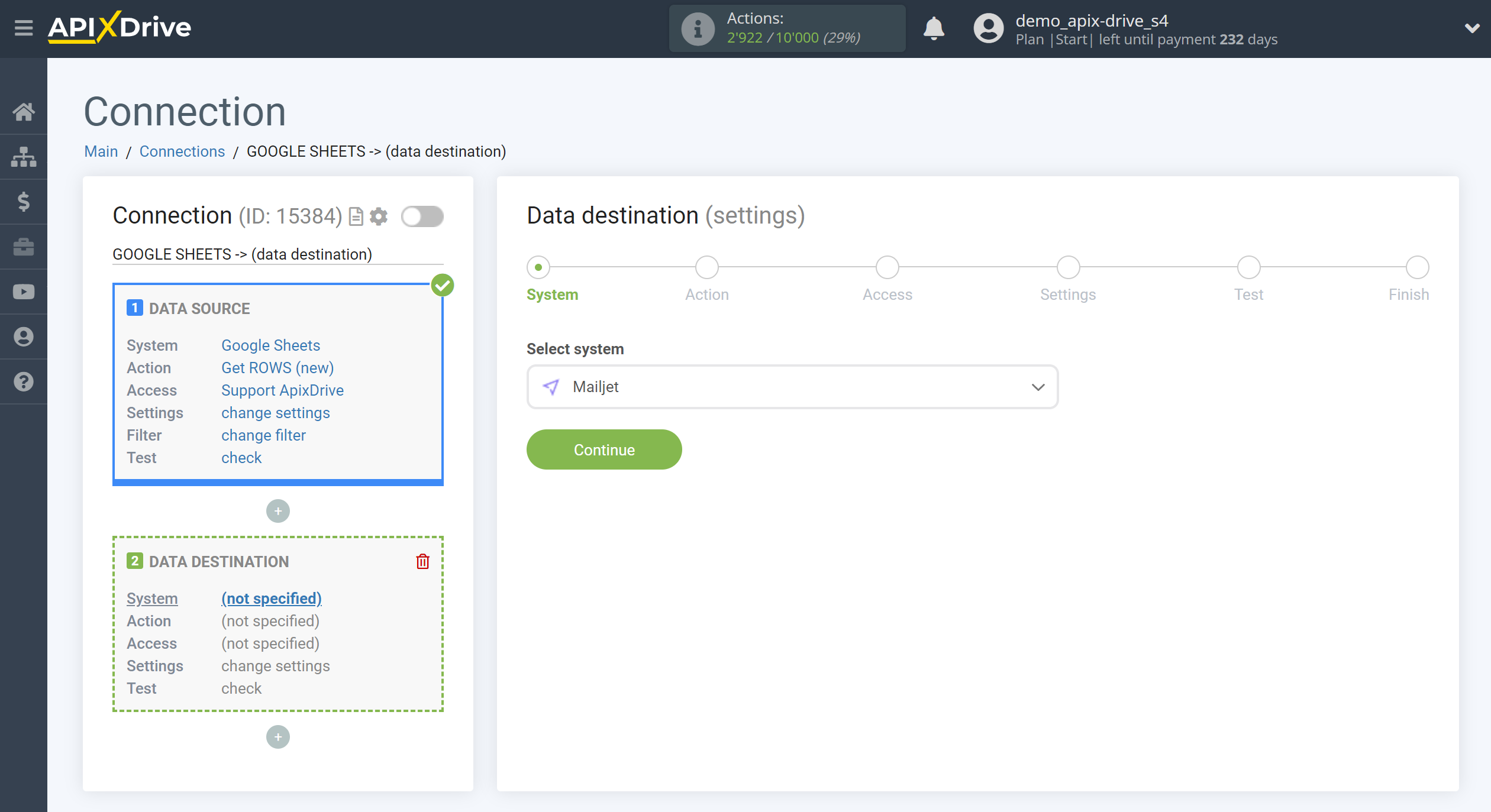 How to Connect Mailjet as Data Destination | System selection