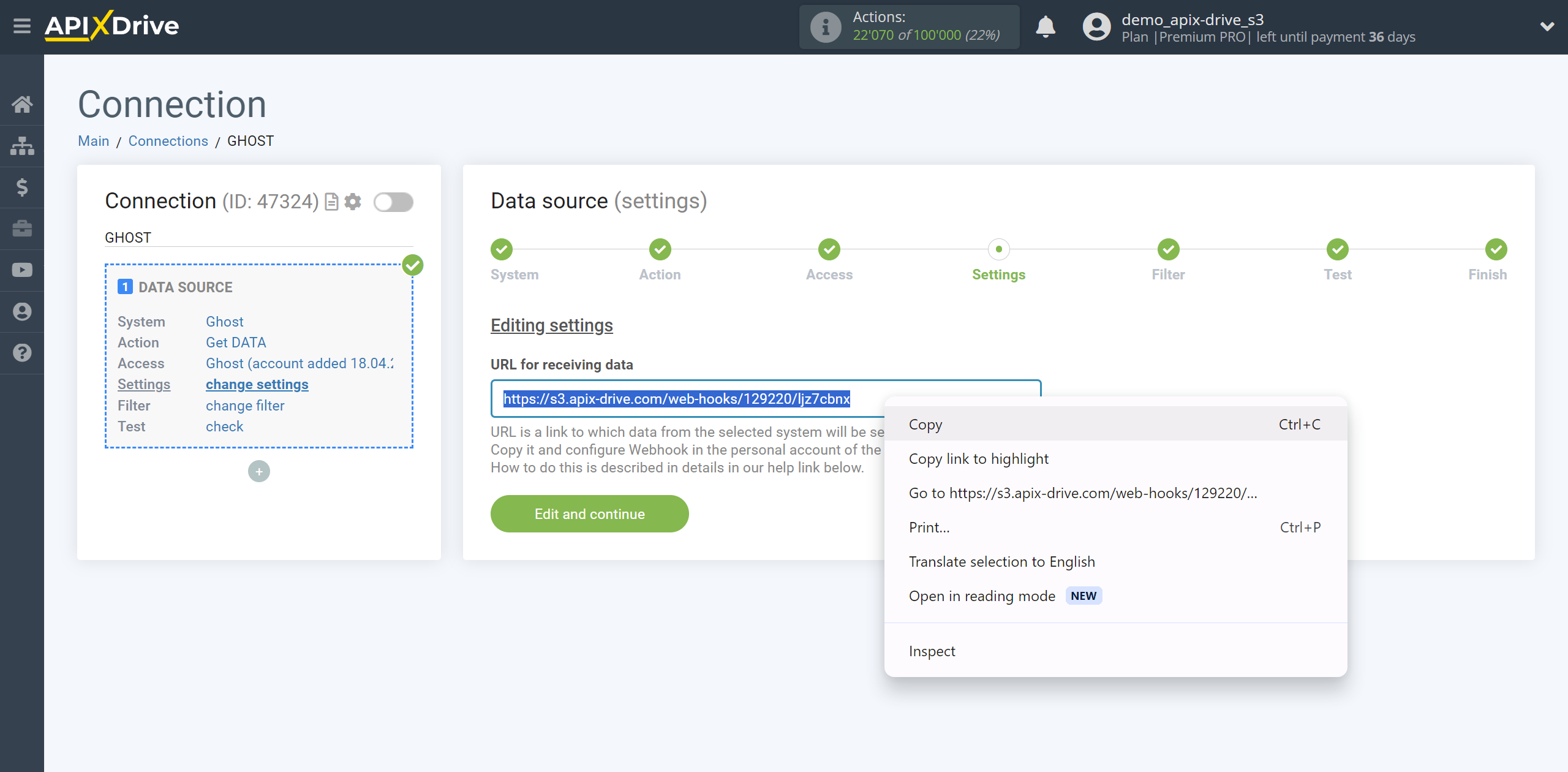 How to Connect Ghost as Data Source | Copying a link to receive data