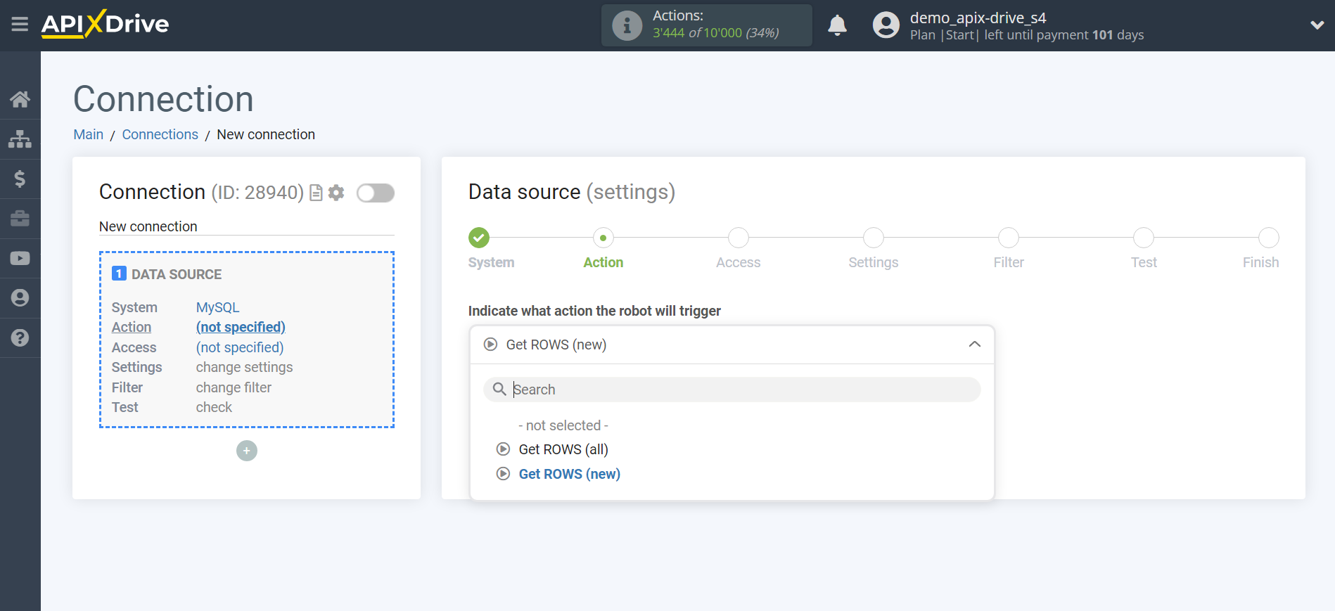 How to Connect MySQL as Data Source | Action selection