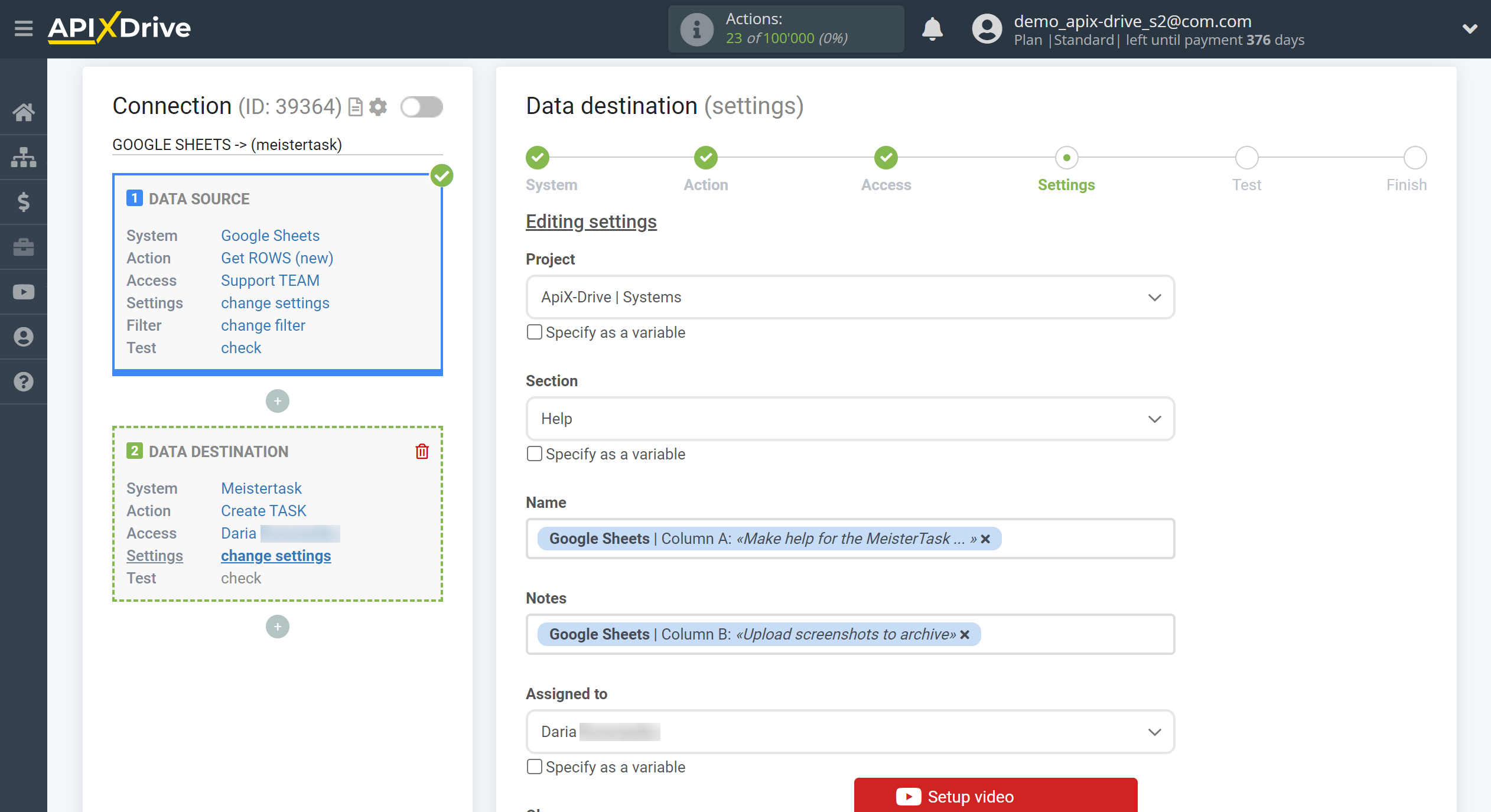 How to Connect MeisterTask as Data Destination | Assigning fields