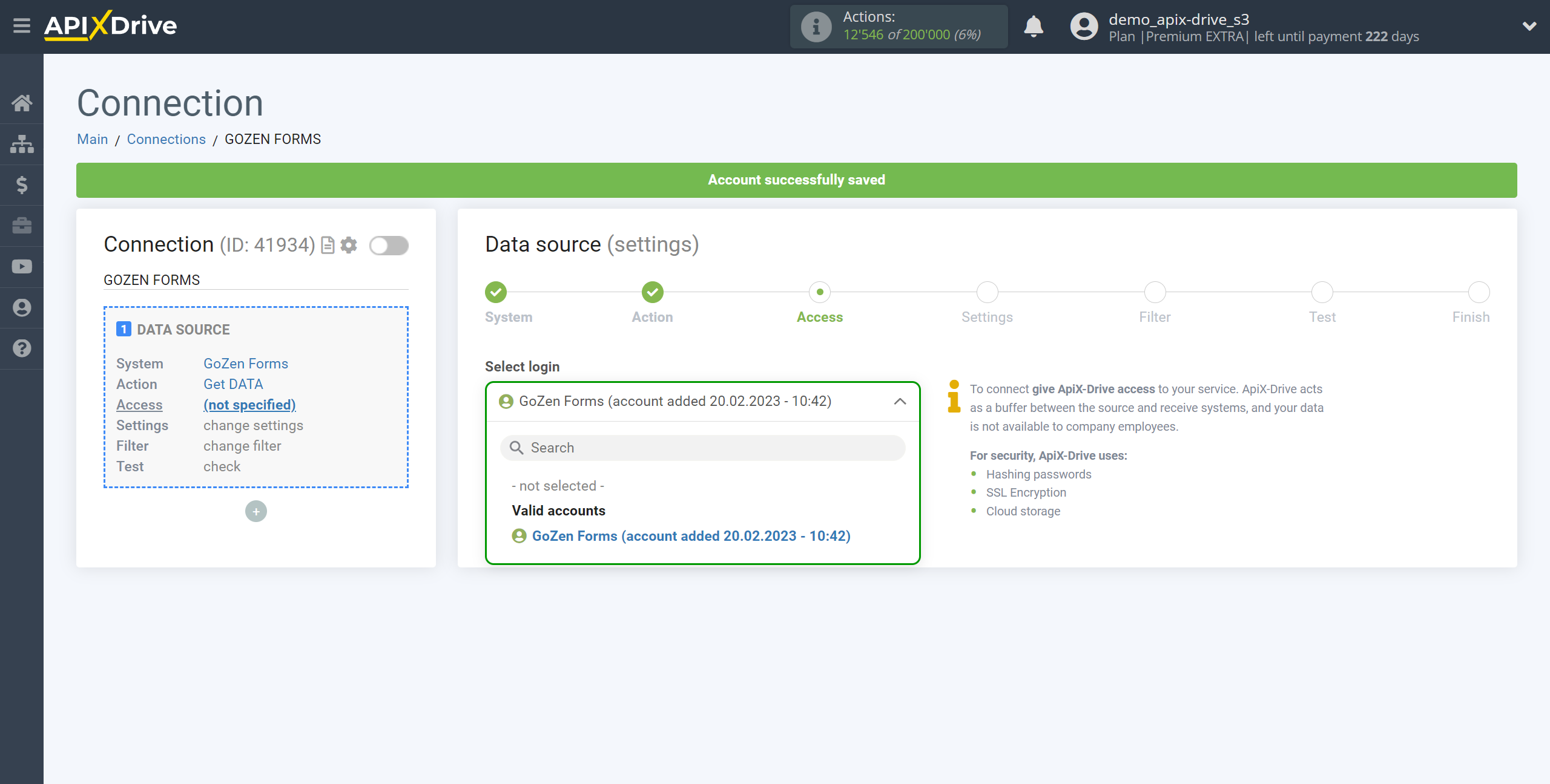 How to Connect GoZen Forms as Data Source | Account selection