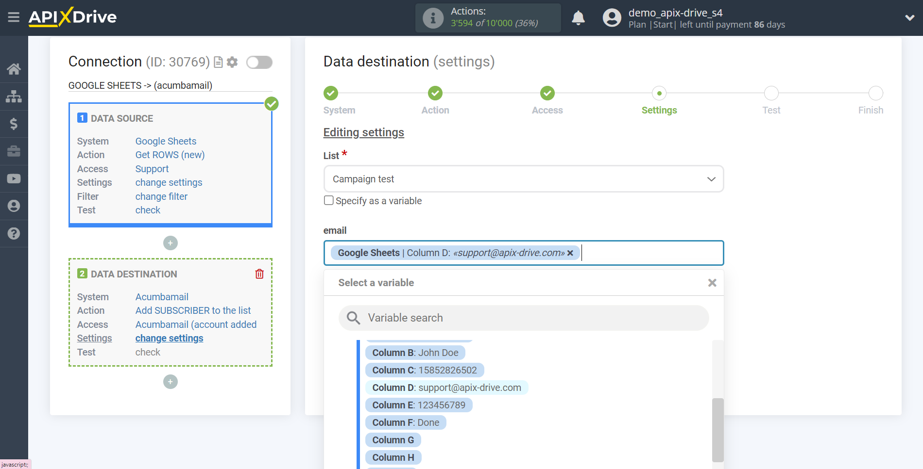 How to Connect Acumbamail as Data Destination | Assigning fields