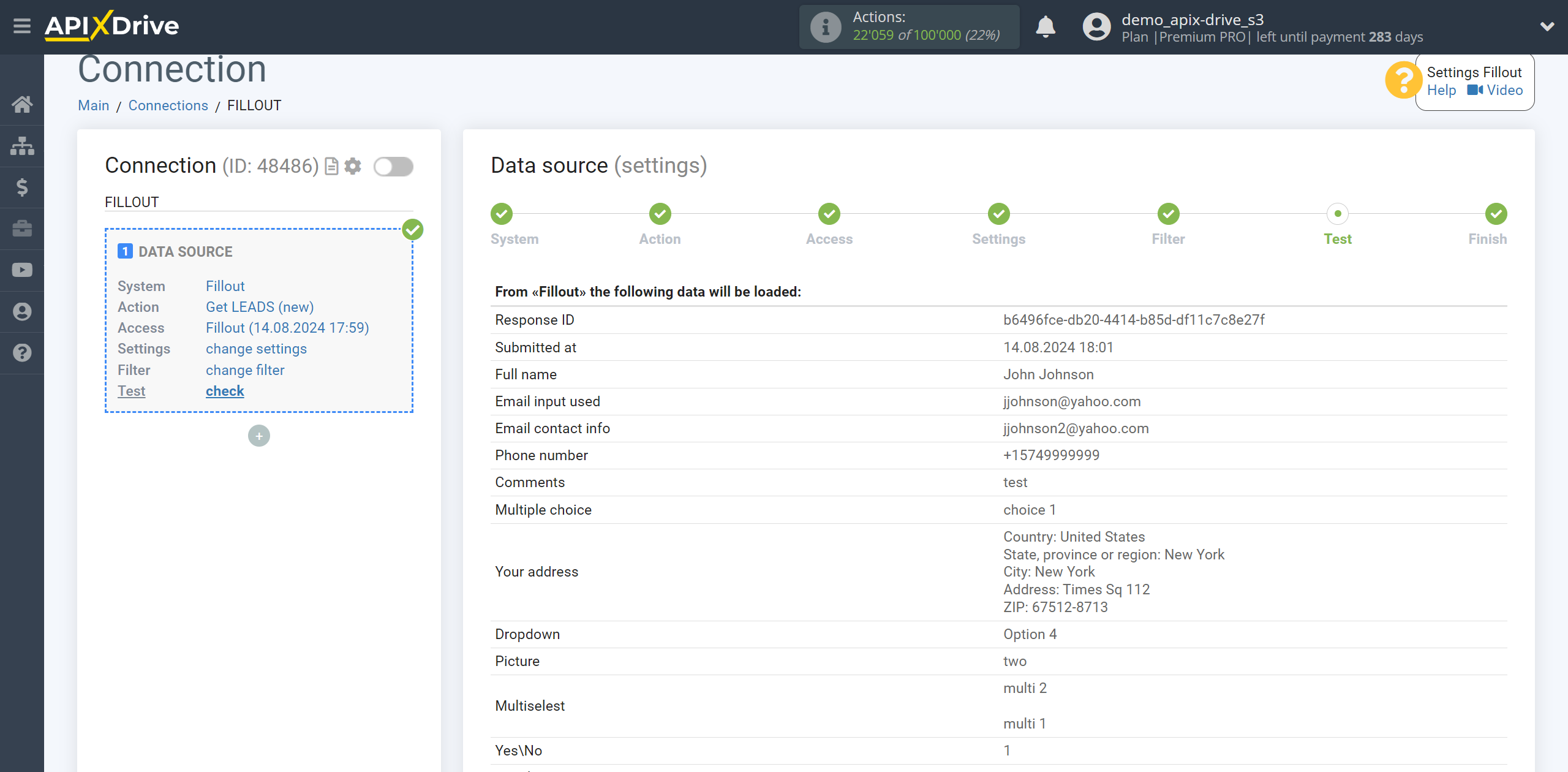 How to Connect Fillout as Data Source | Test data