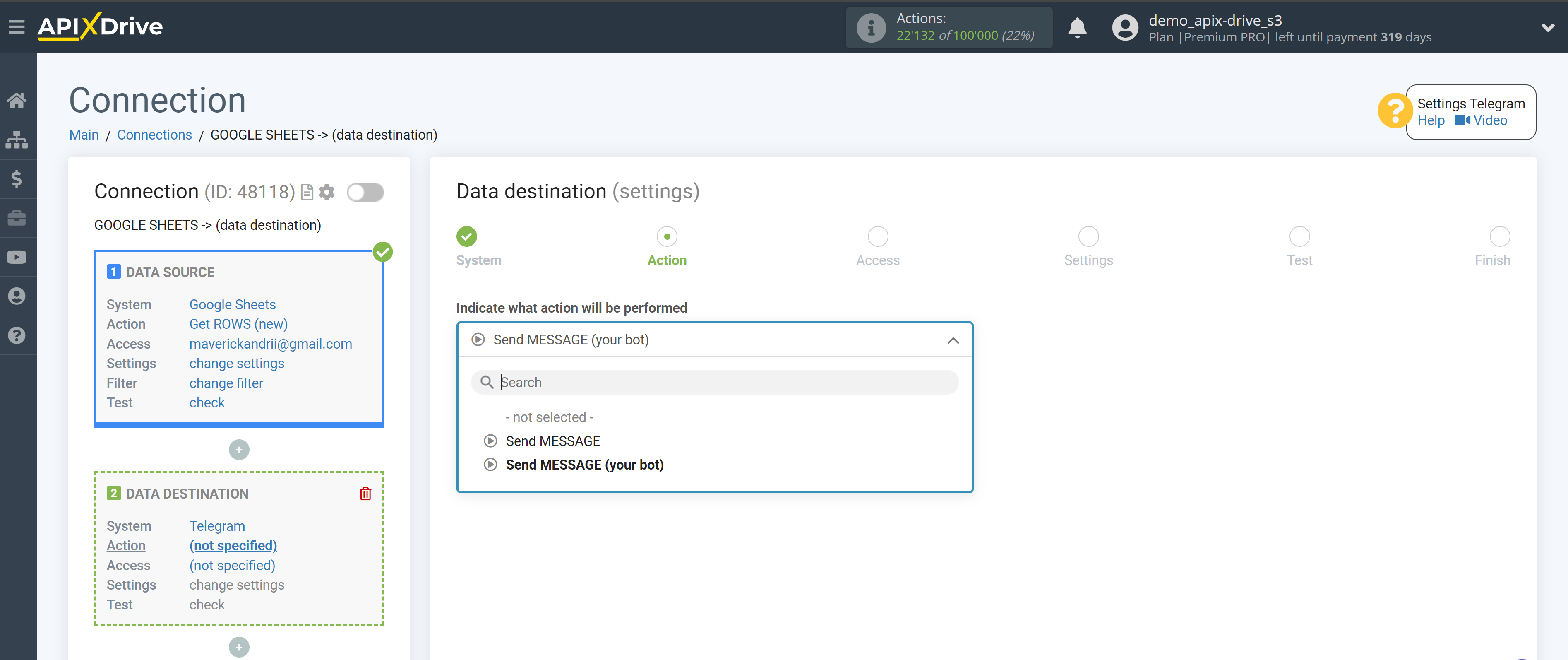 How to Connect Telegram as Data Destination | Selecting an action in the data destination system