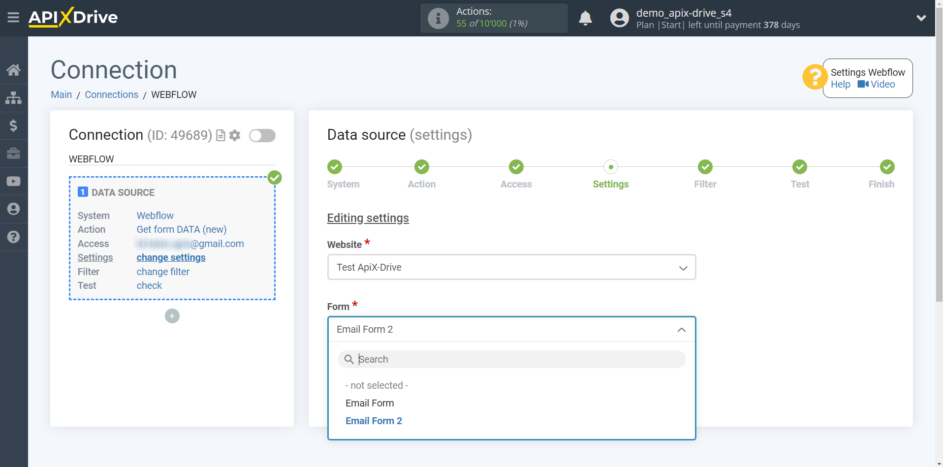 How to Connect Webflow as Data Source | Editing settings