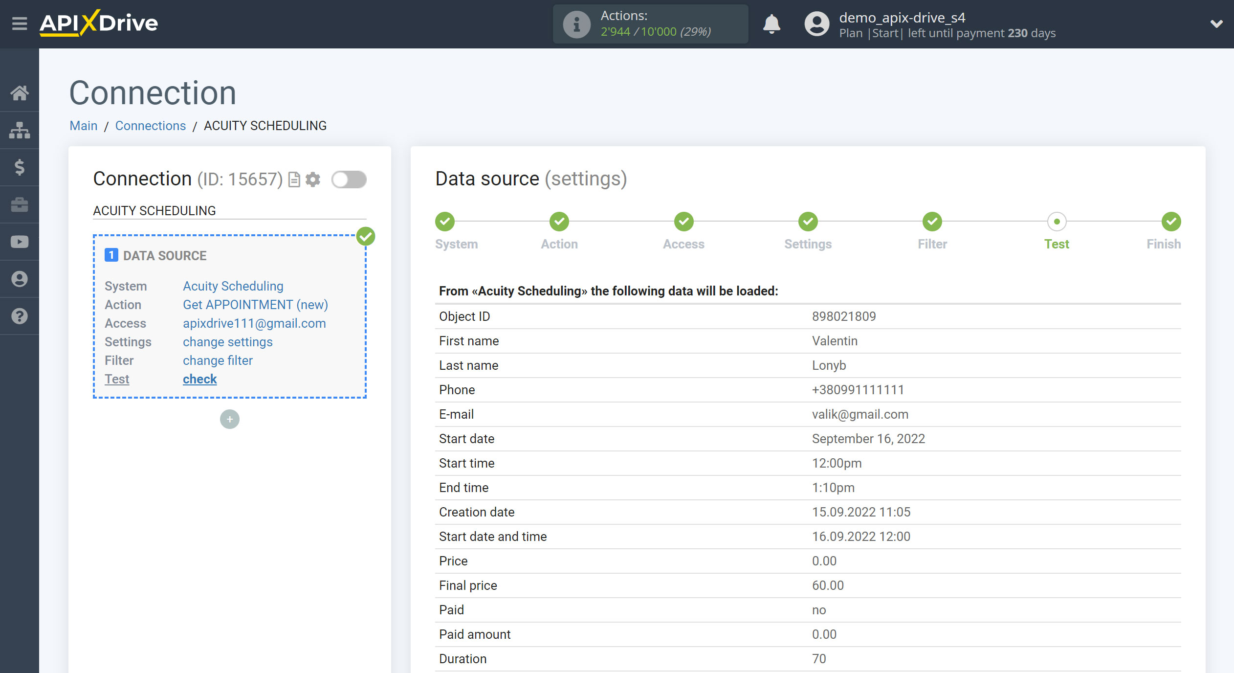 How to Connect Acuity Scheduling as Data Source | Test data