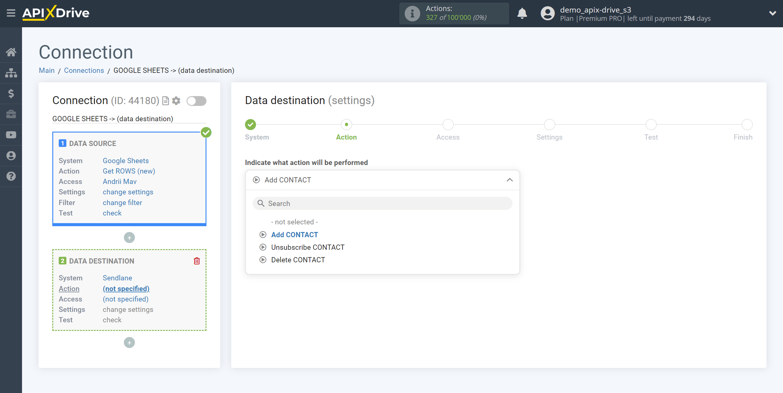 How to Connect Sendlane as Data Destination | Action selection