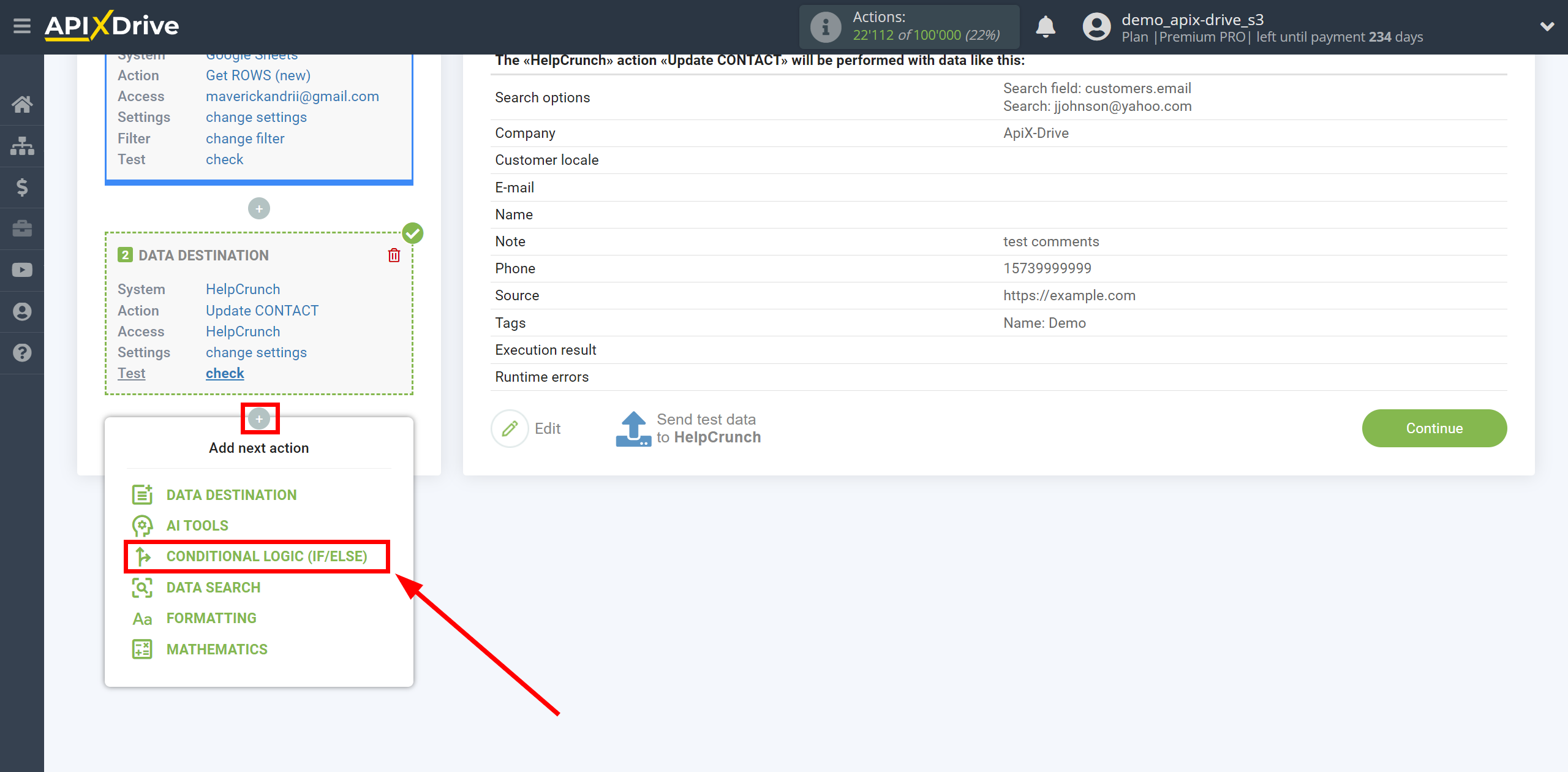 How to setup HelpCrunch Update Contact / Create Contact | Start setting up the Logic section