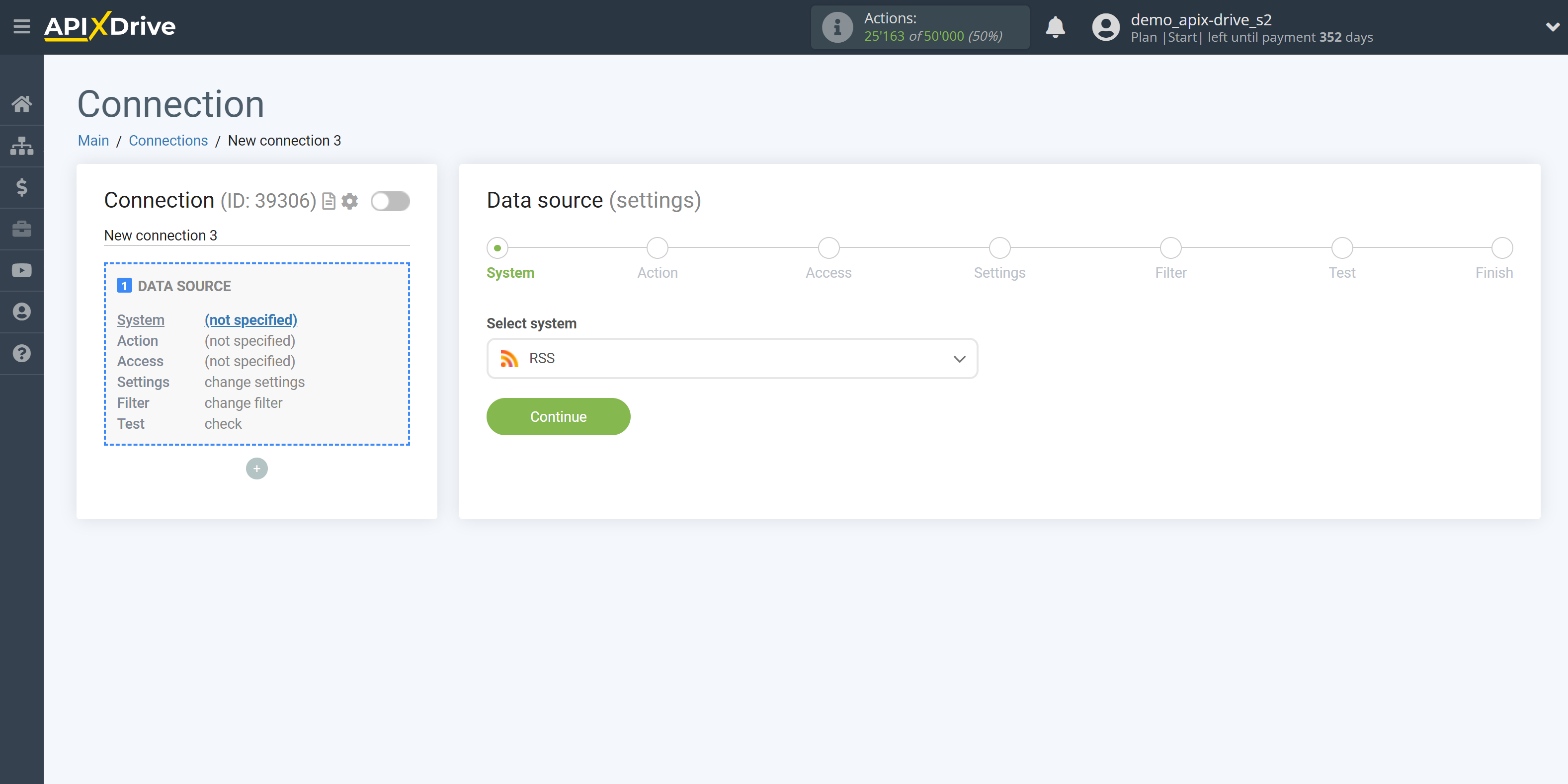 How to Connect RSS as Data Source | System selection