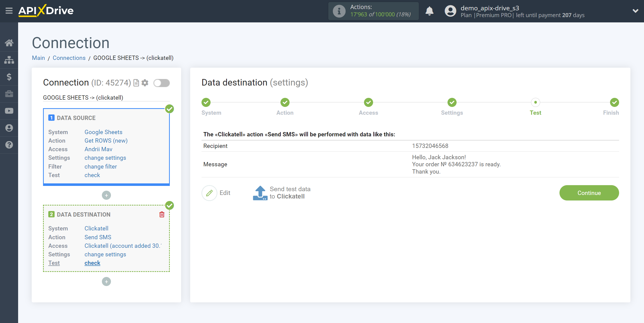 How to Connect Clickatell as Data Destination | Test data