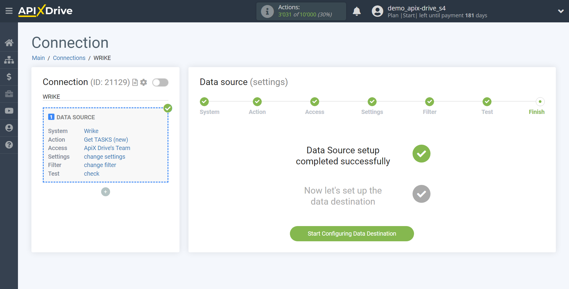 How to Connect Wrike as Data Source | Go to the setup Data Destination