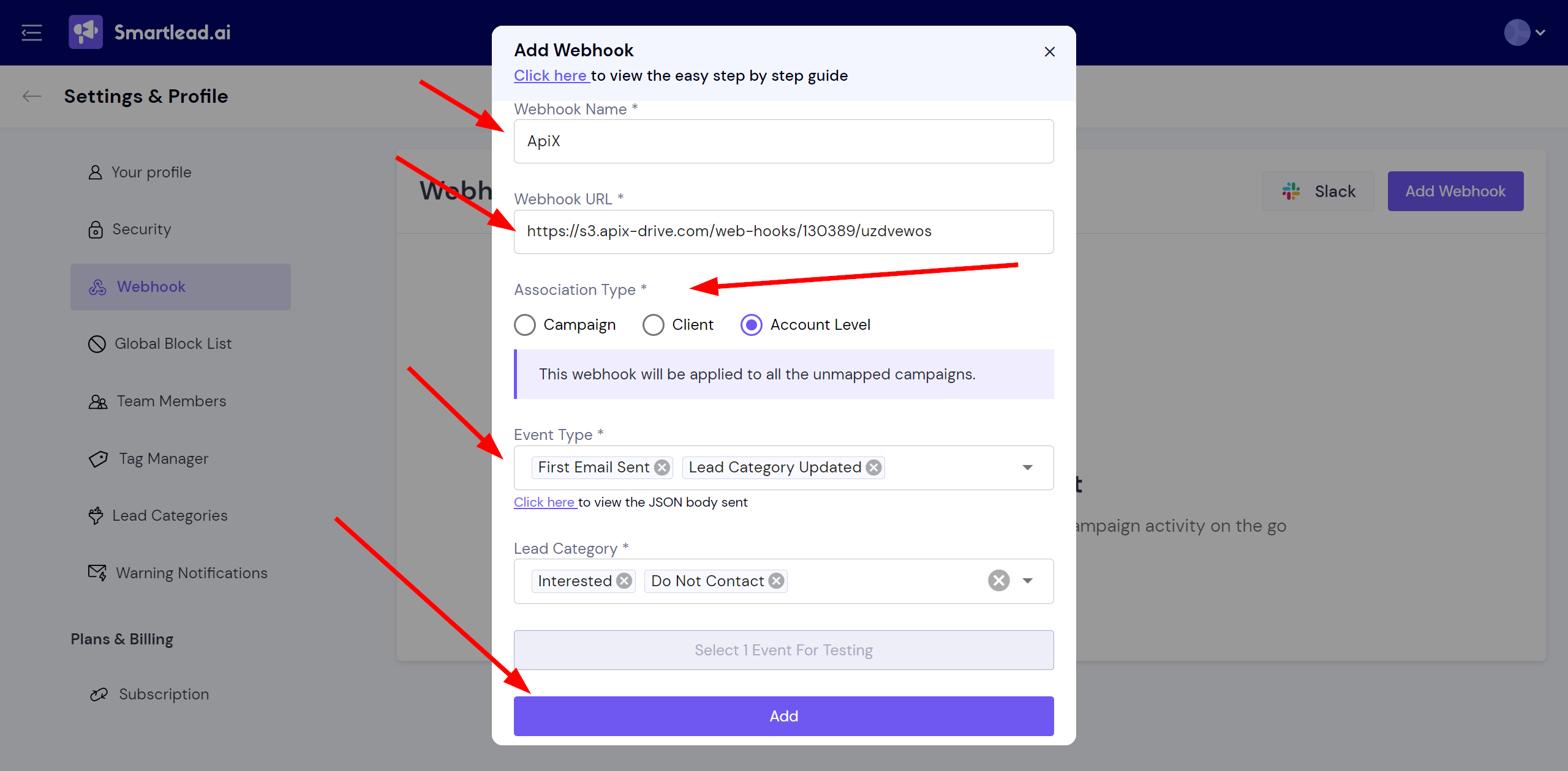 How to Connect Smartlead as Data Source | Completing the setup of data transfer via Webhook