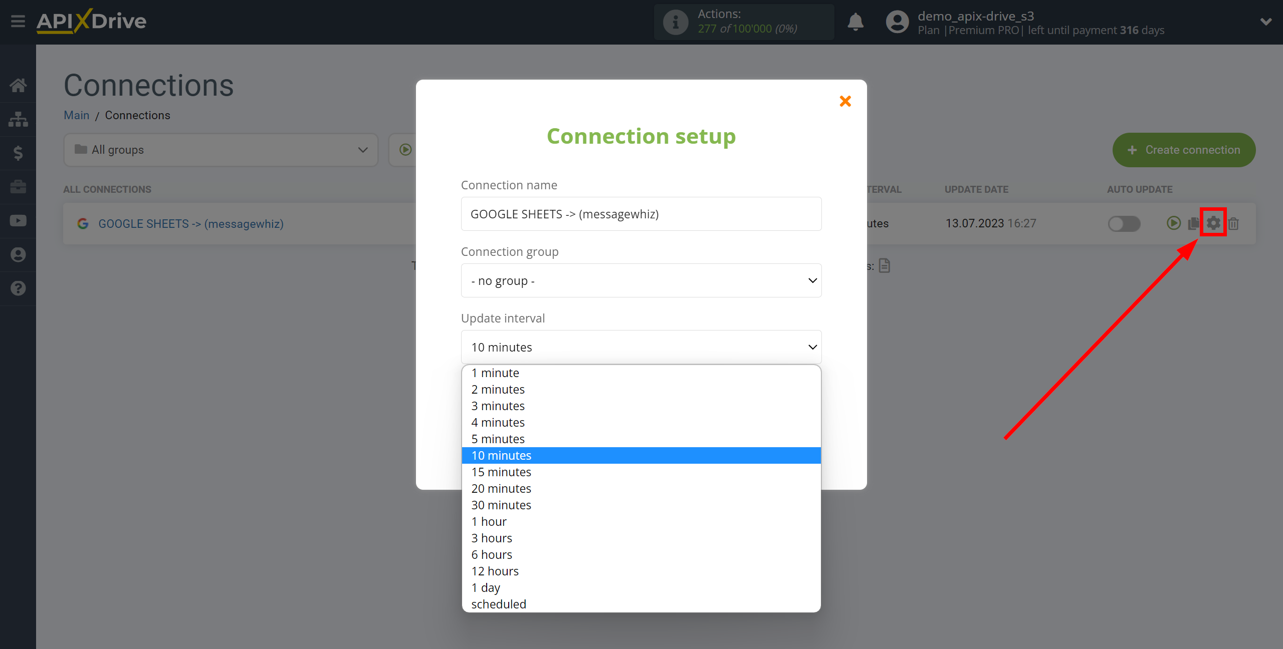 How to Connect MessageWhiz as Data Destination | Update interval