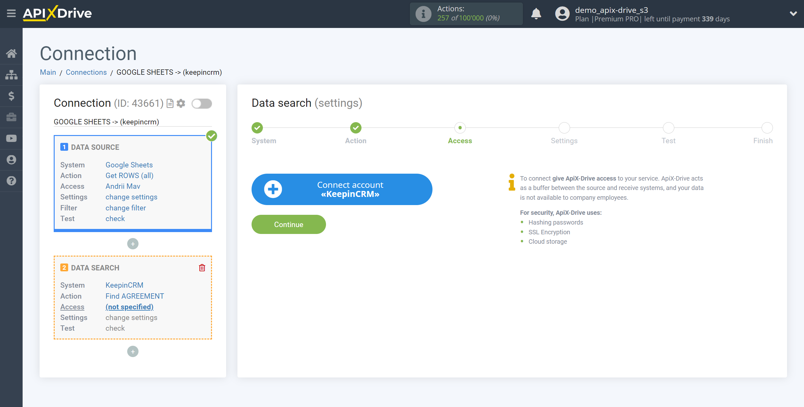 Setting up KeepinCRM Agreement Search in Google Sheets | Connecting account