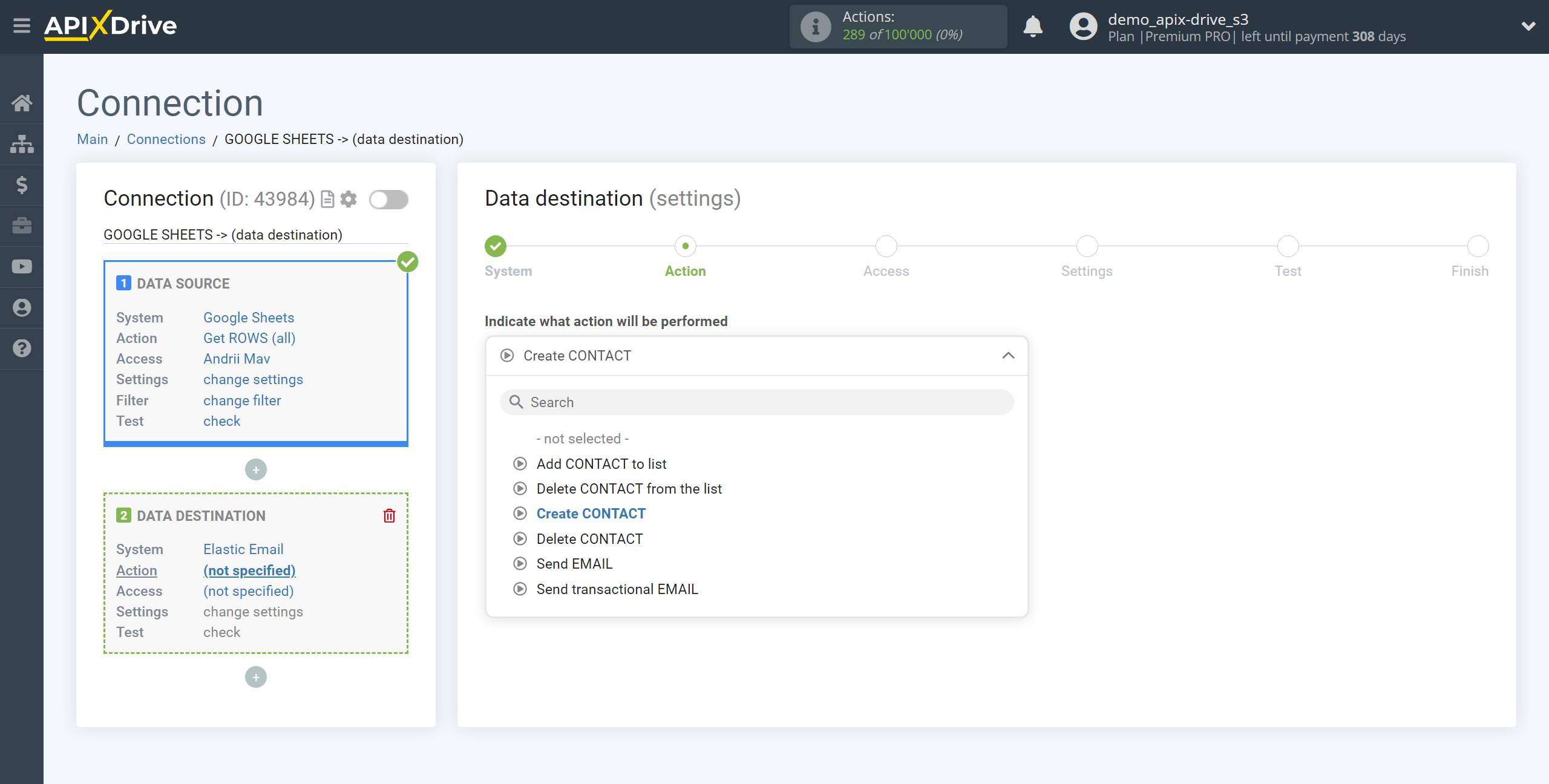 How to Connect Elastic Email as Data Destination | Action selection