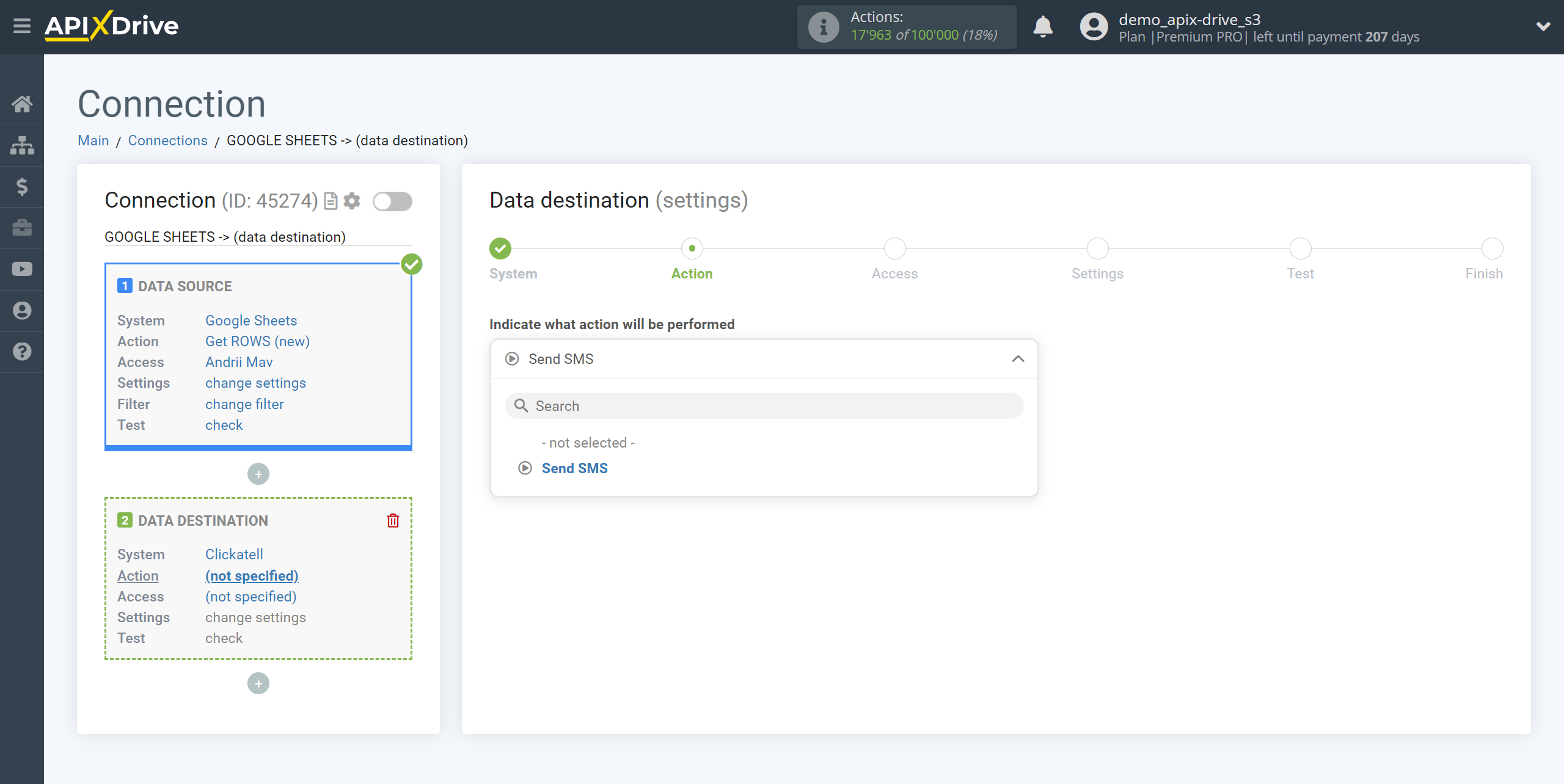 How to Connect Clickatell as Data Destination | Action selection