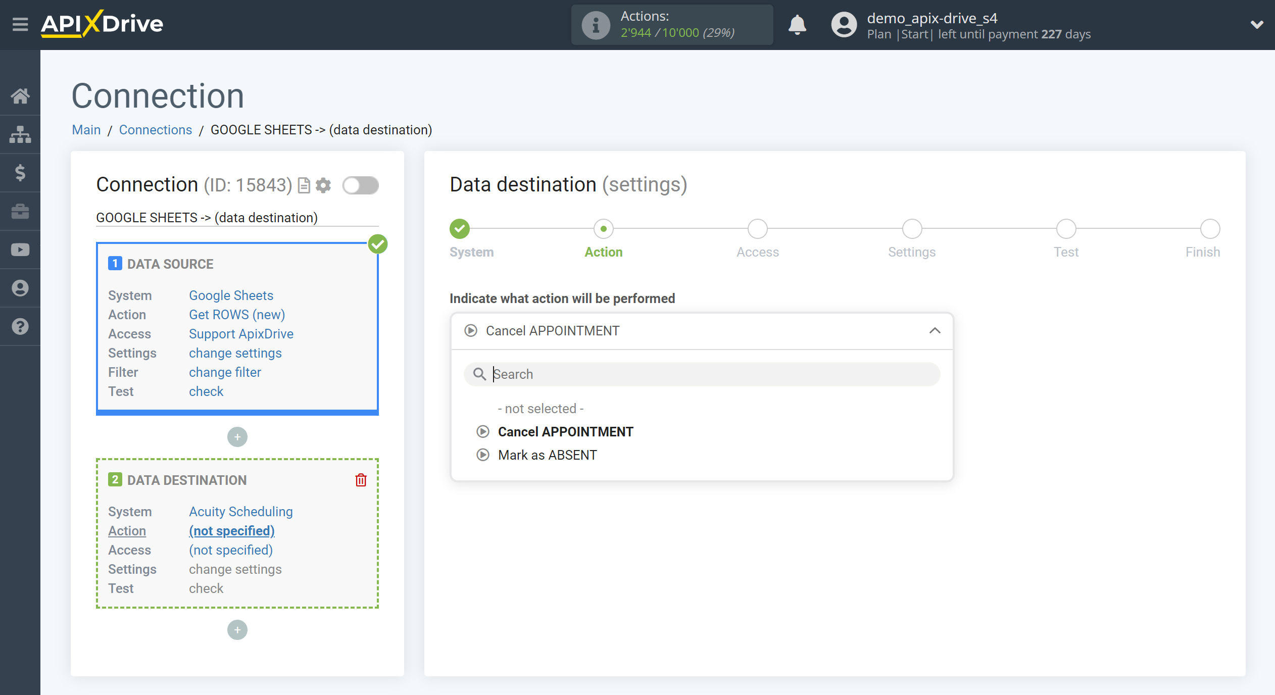 How to Connect Acuity Scheduling as Data Destination | Action selection