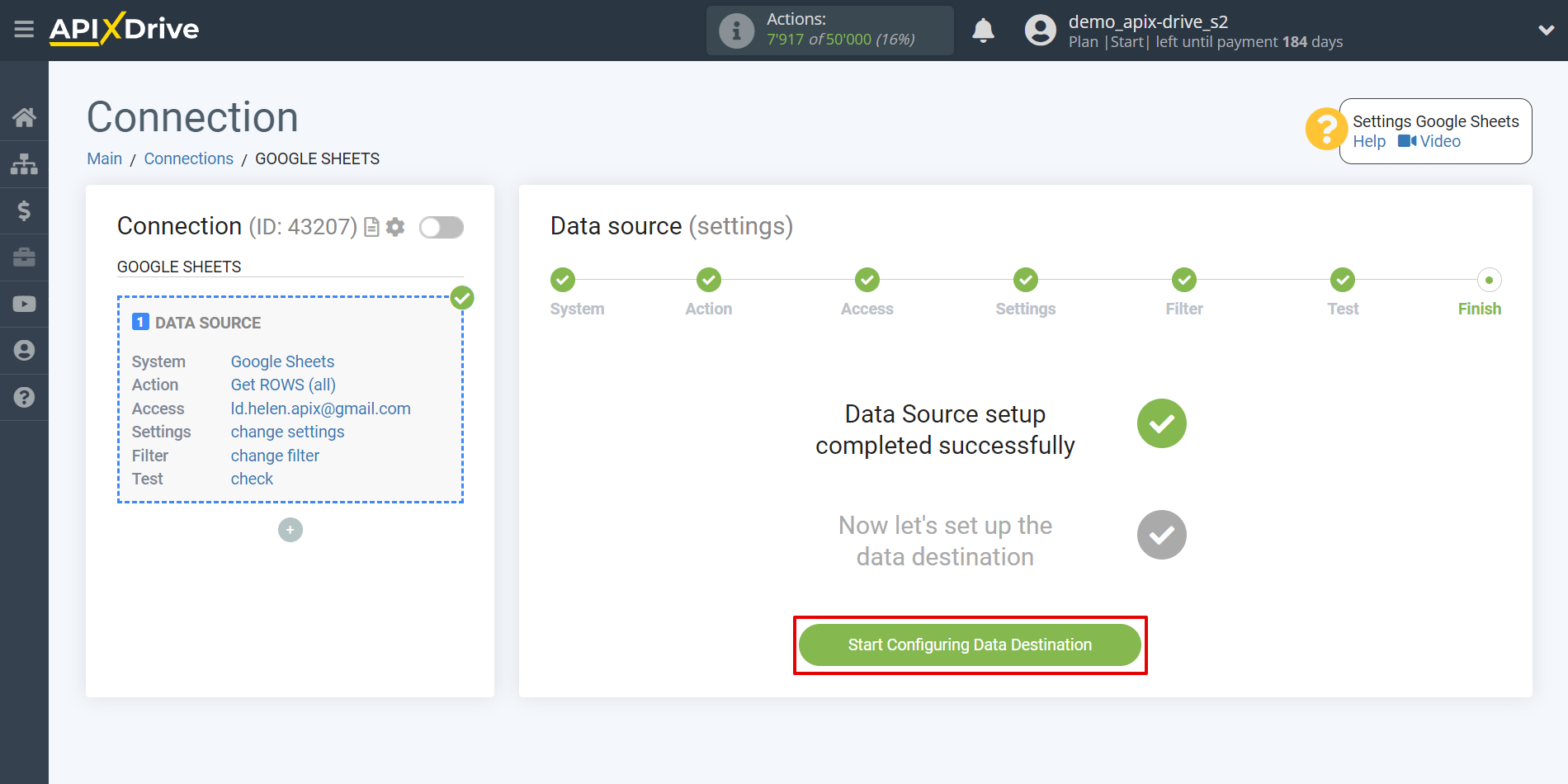 Setting up an Google Sheets to Update rows | Start configuring Data Destination