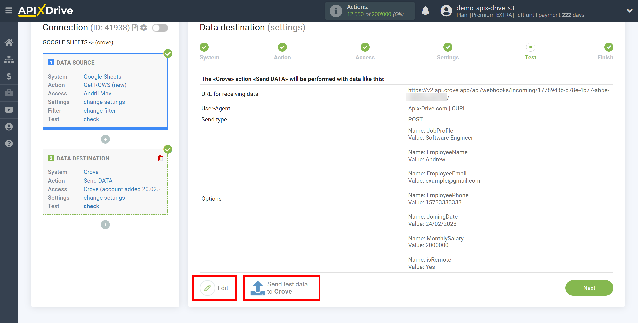 How to Connect Crove as Data Destination | Test data for assigning fields