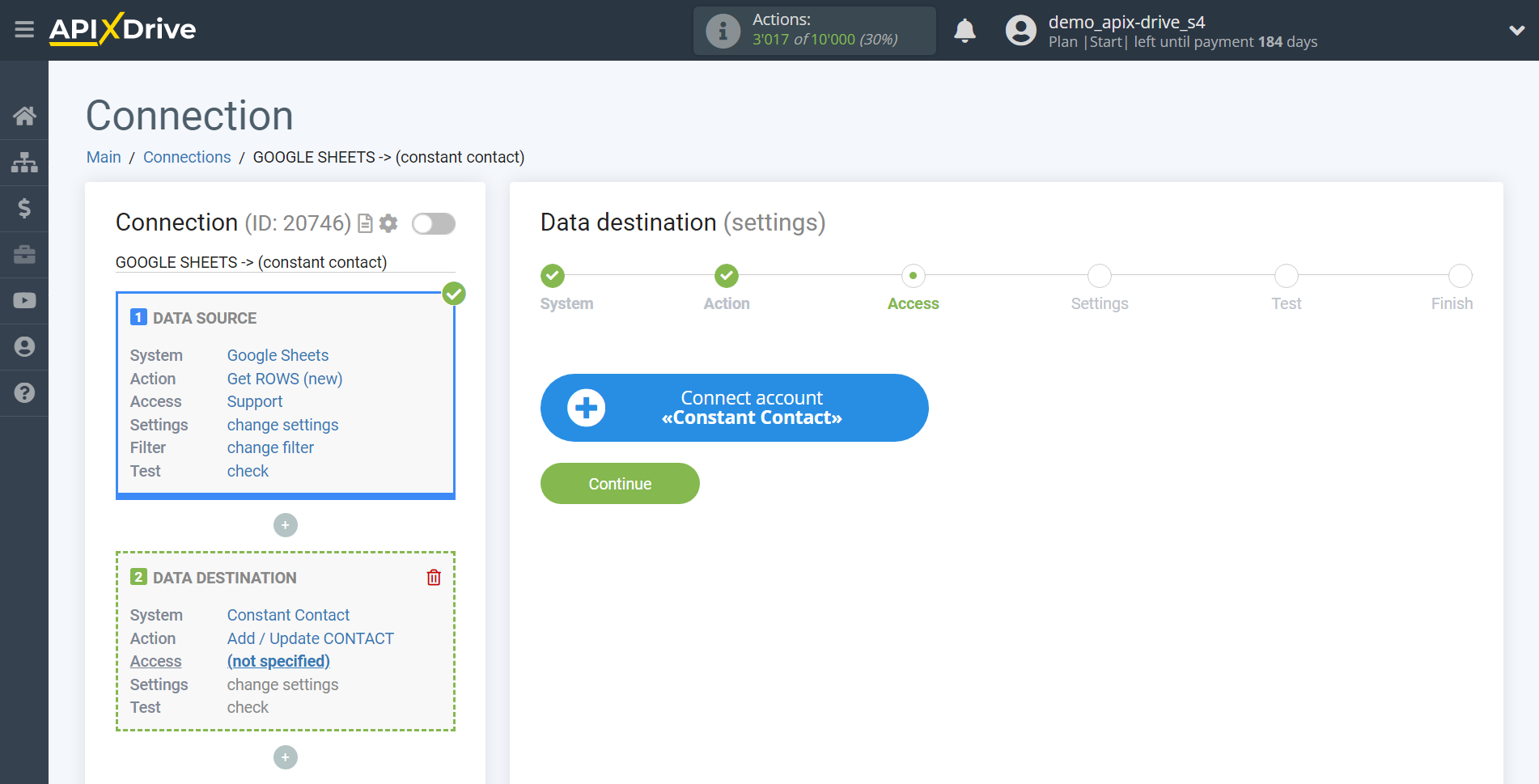 How to Connect Constant Contact as Data Destination | Account connection