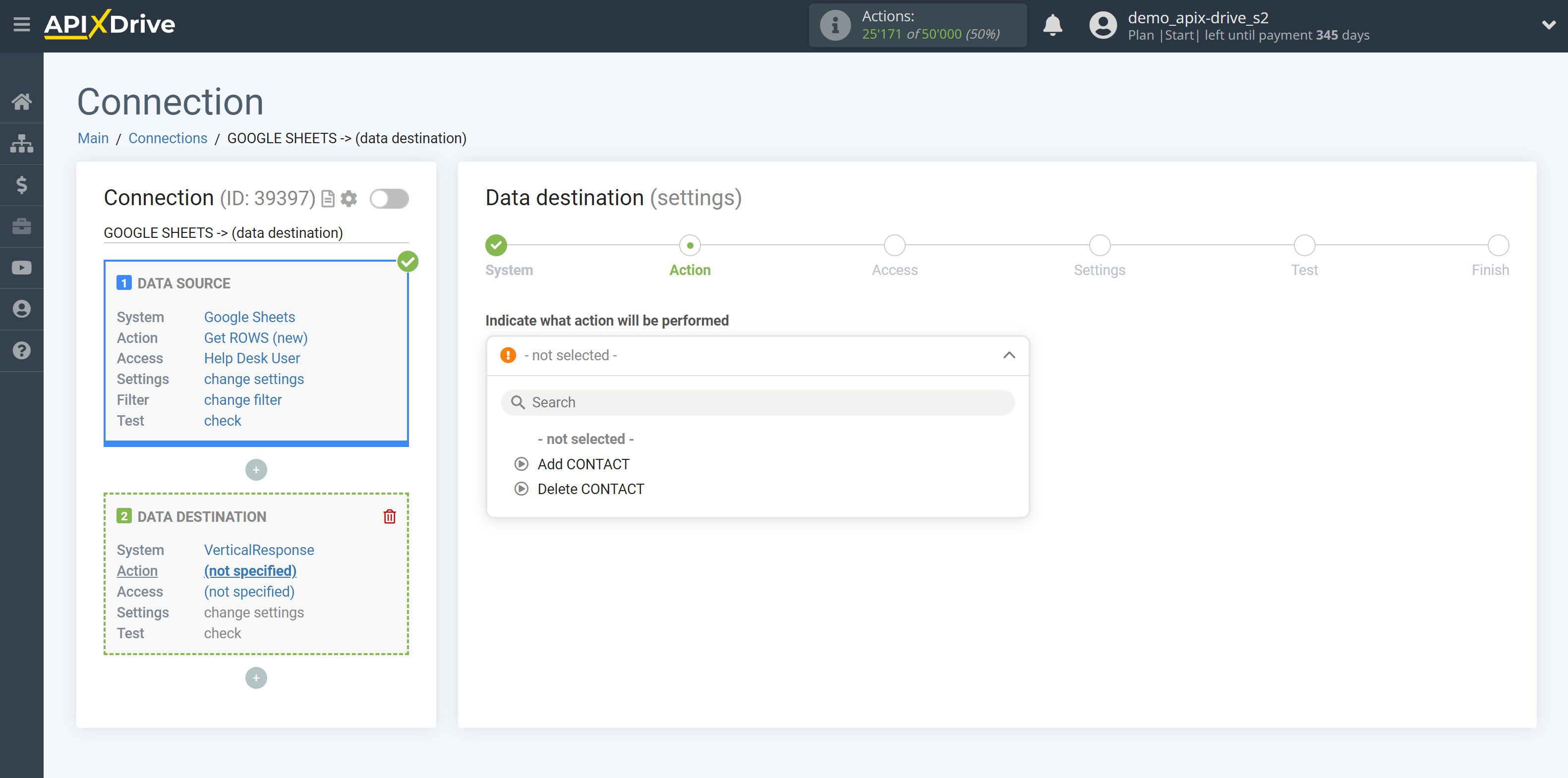 How to Connect VerticalResponse as Data Destination | Action selection