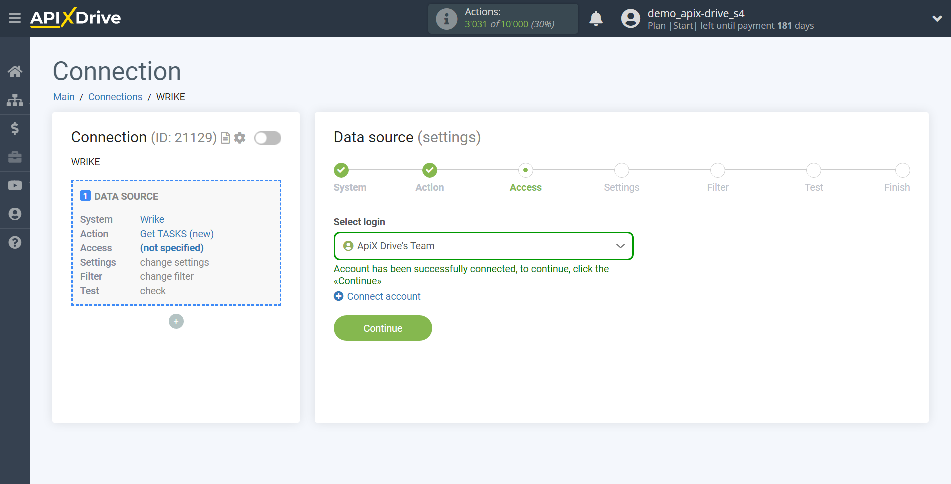 How to Connect Wrike as Data Source | Account selection