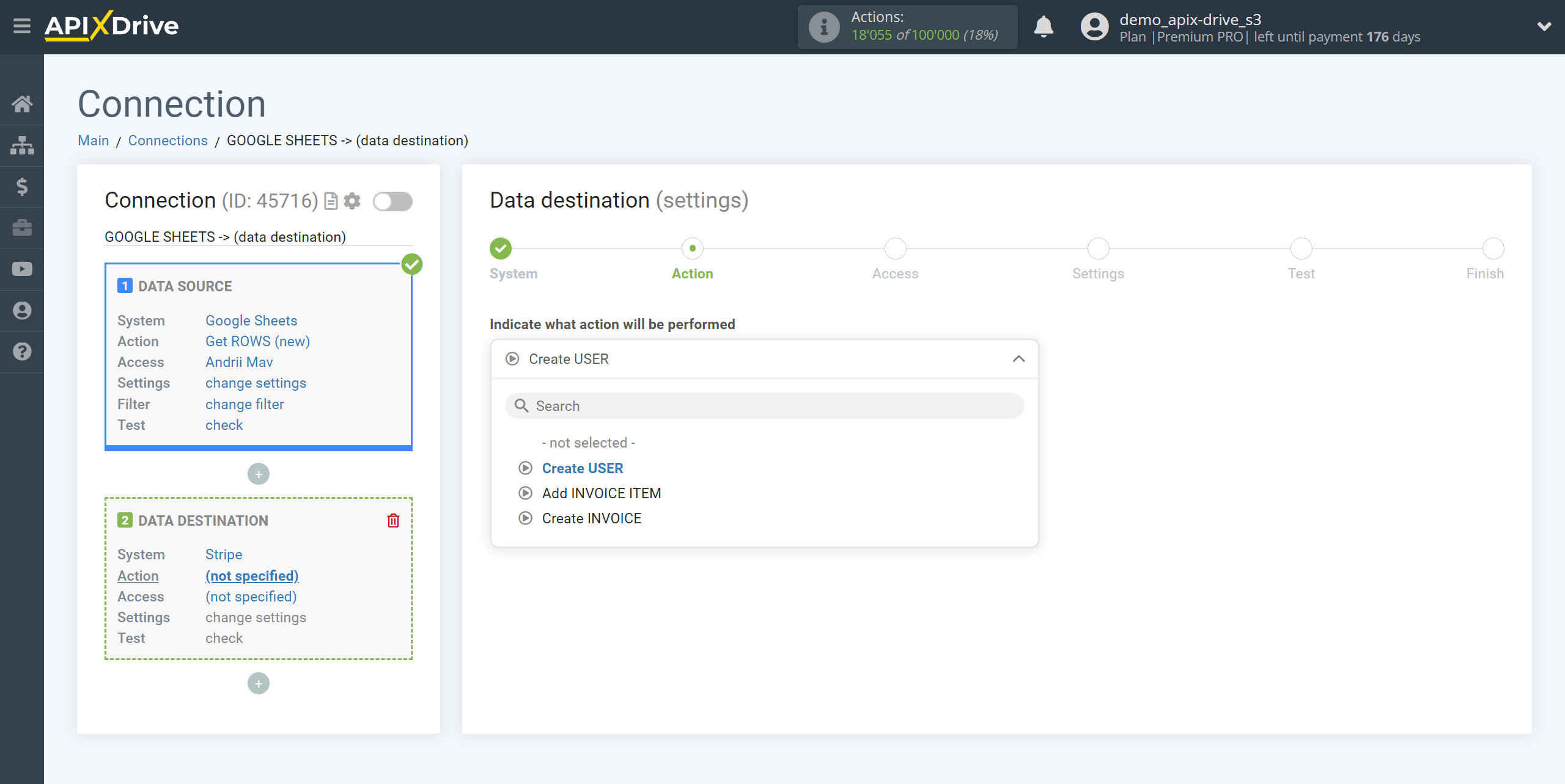 How to Connect Stripe as Data Destination | Action selection