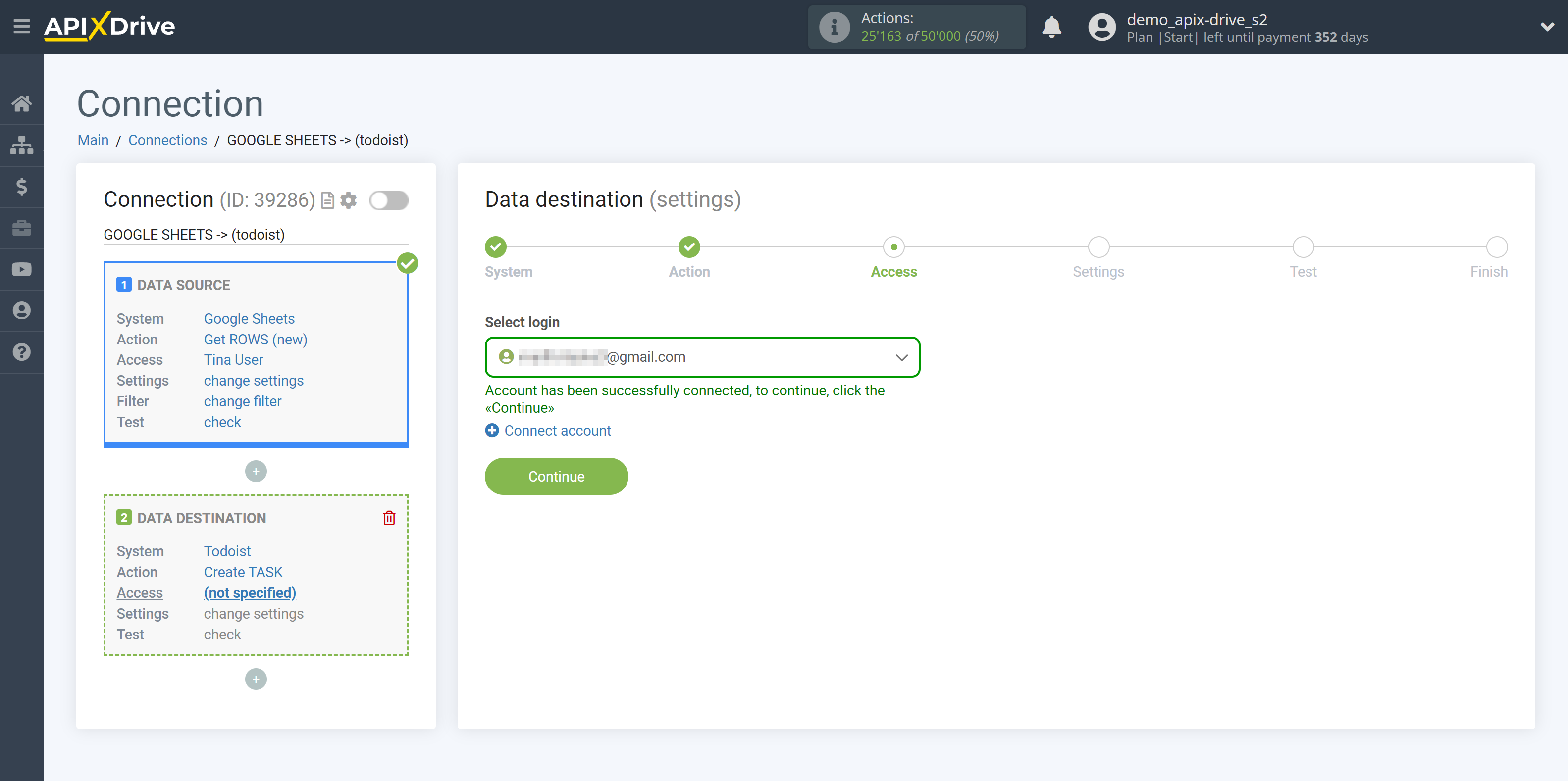 How to Connect Todoist as Data Destination | Account selection