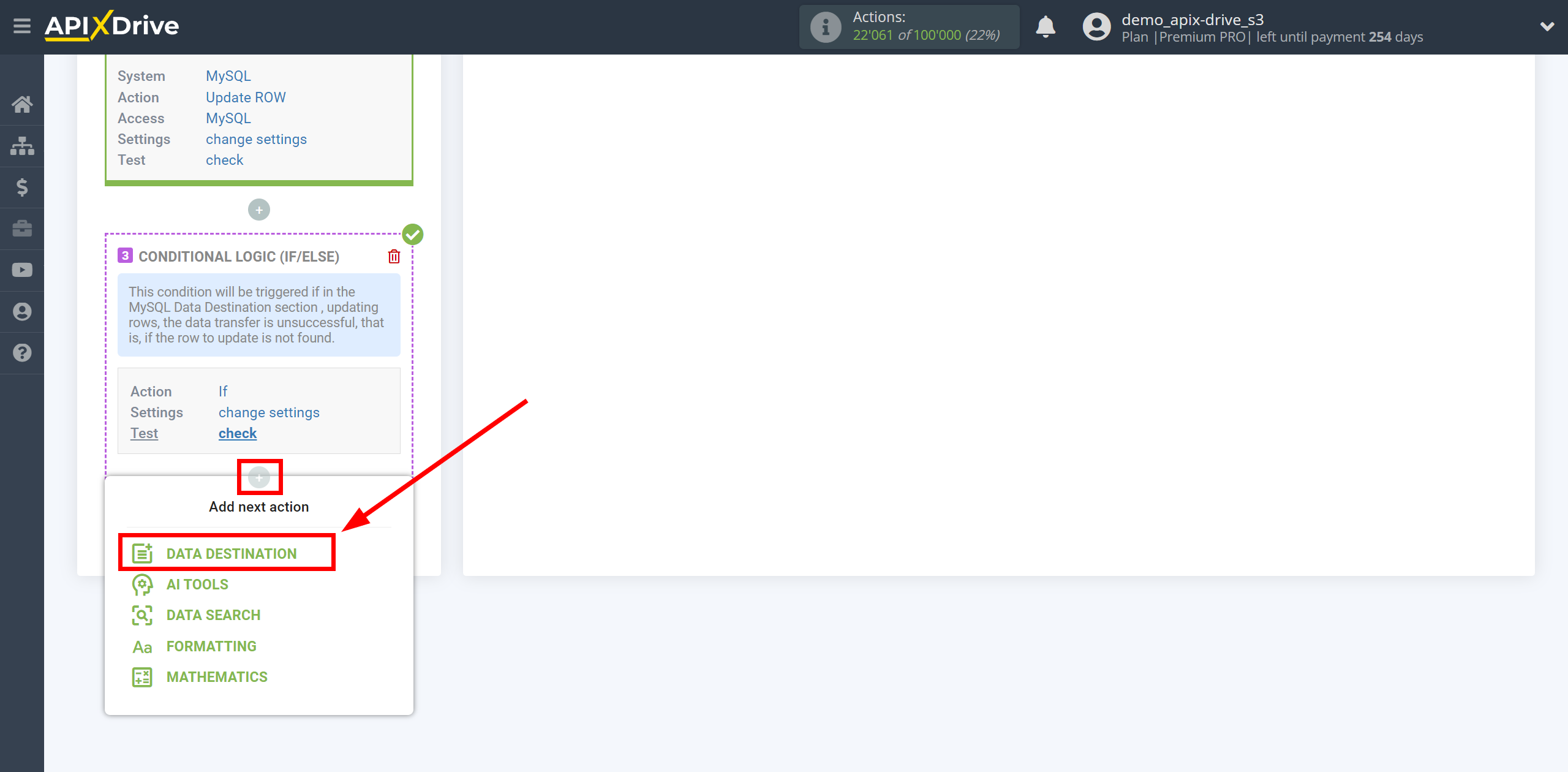 How to setup MySQL Update Row / Add Row | Start setting up Data Destination inside the Logic section