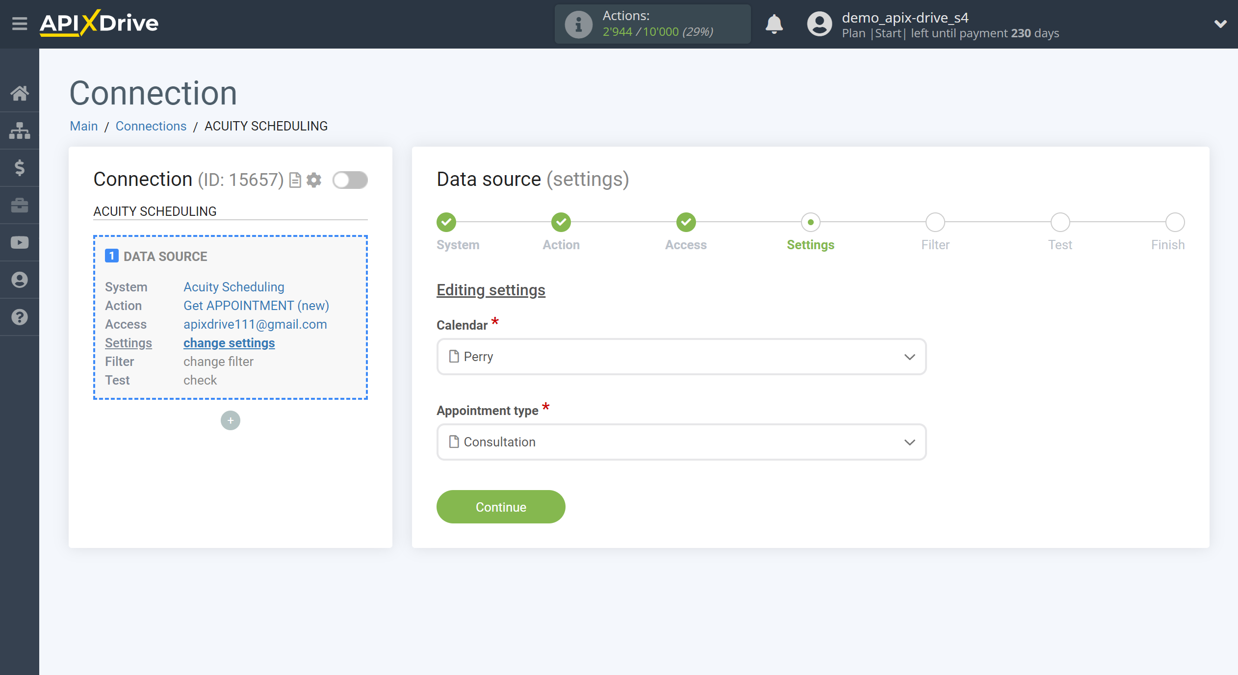 How to Connect Acuity Scheduling as Data Source | Editing settings