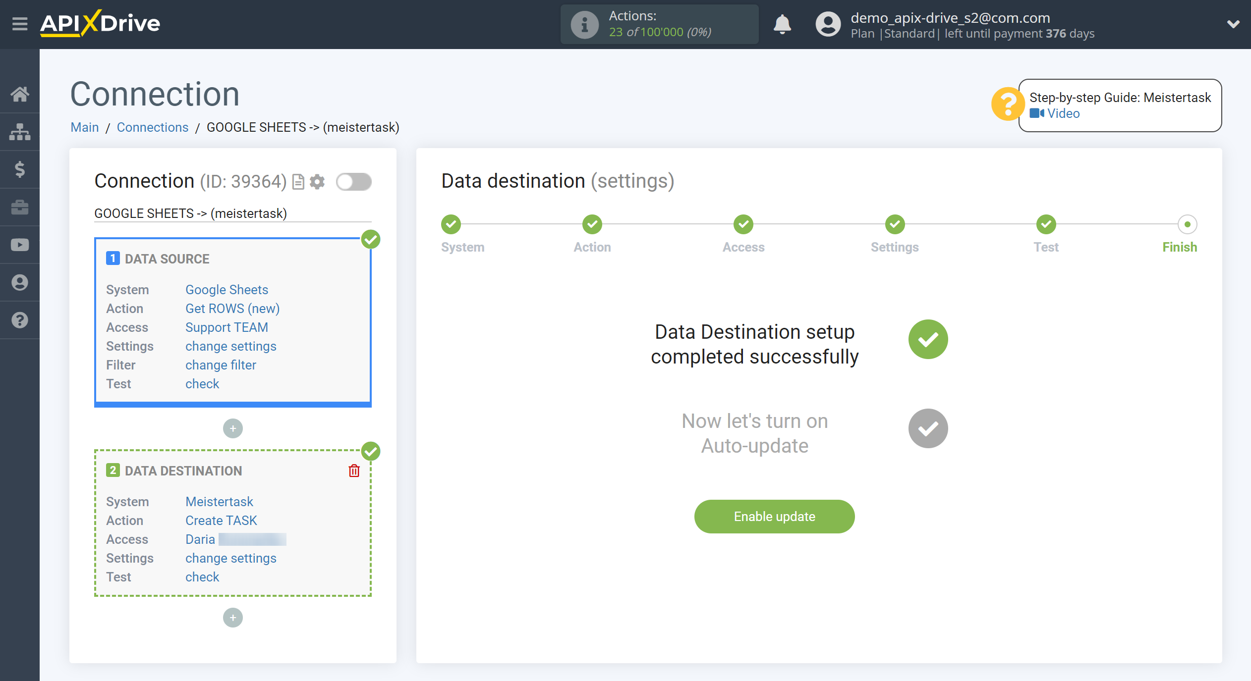 How to Connect MeisterTask as Data Destination | Enable auto-update