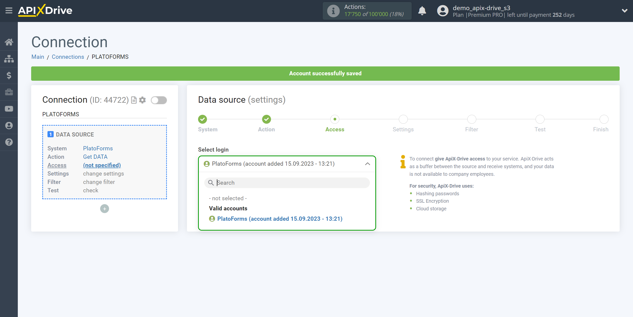 How to Connect PlatoForms as Data Source | Account selection