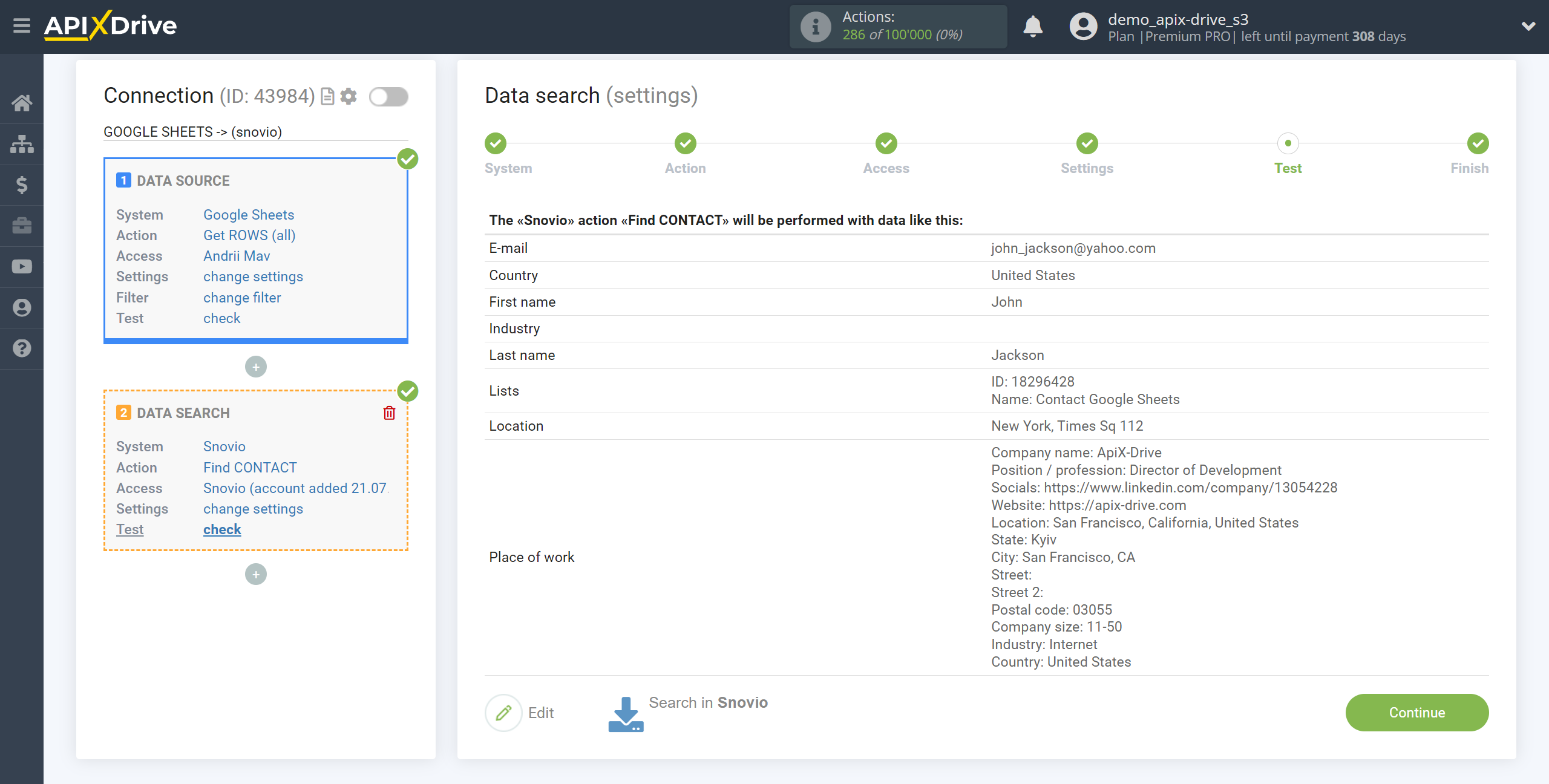 Setting up Snovio Contact Search in Google Sheets | Test data