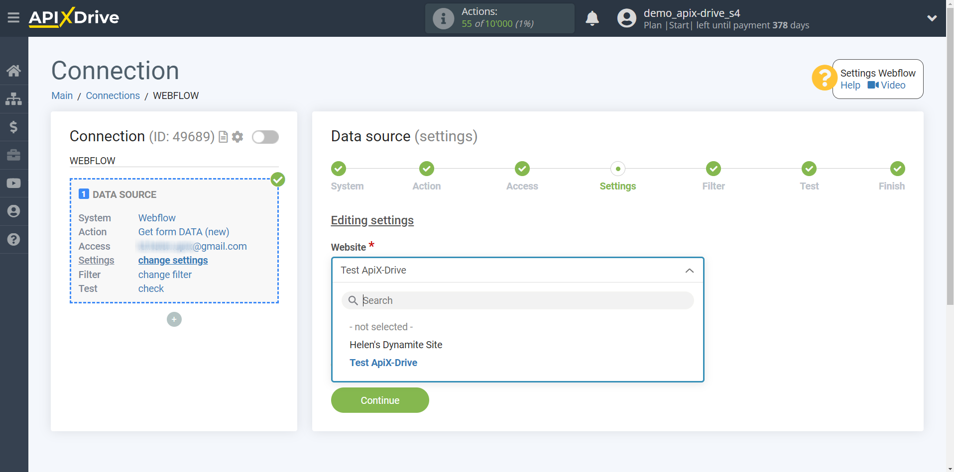 How to Connect Webflow as Data Source | Editing settings