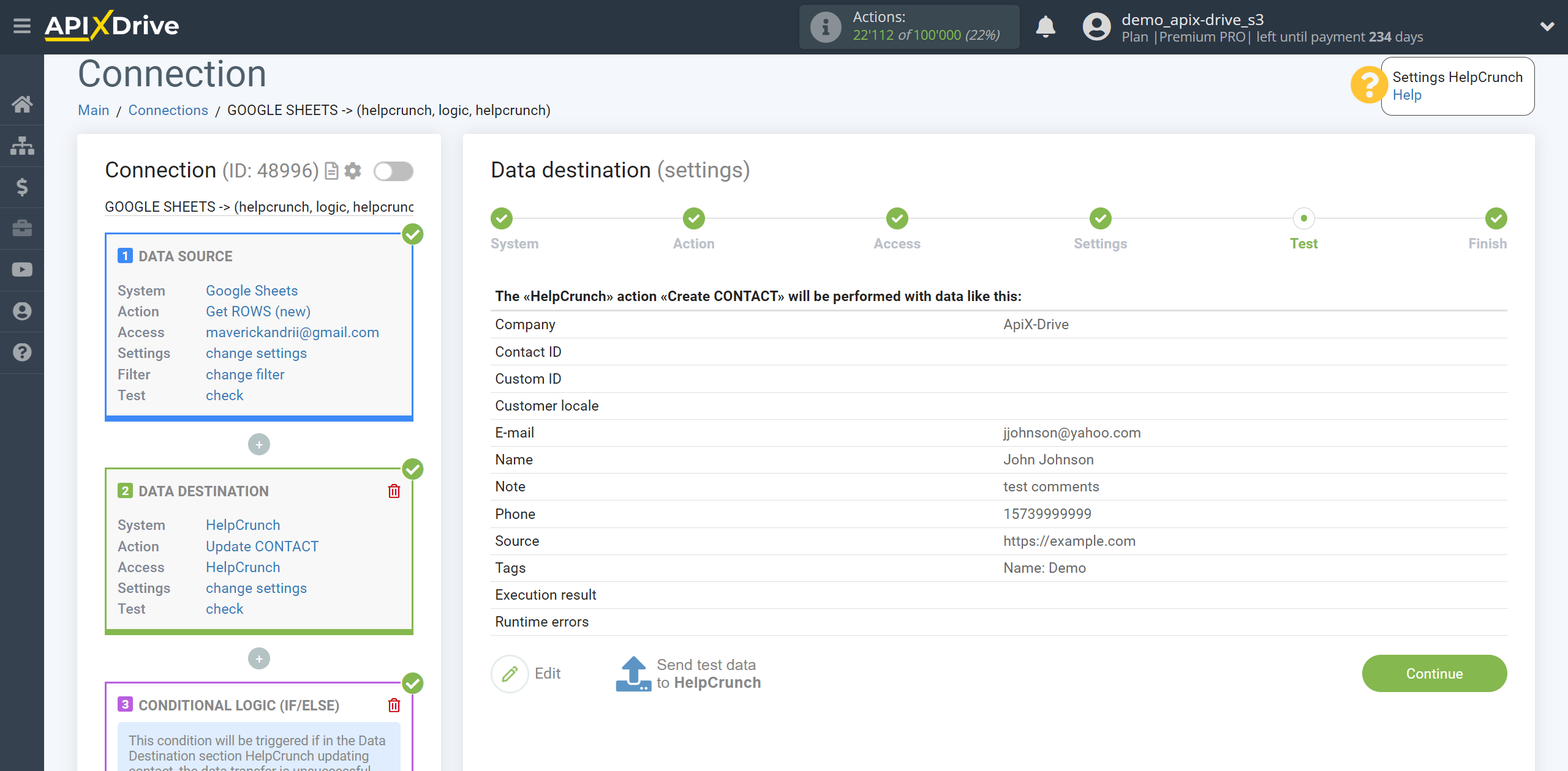 How to setup HelpCrunch Update Contact / Create Contact | Test data