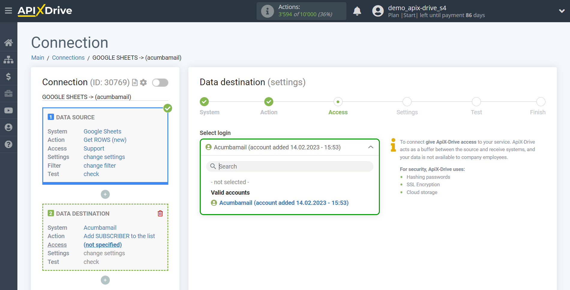 How to Connect Acumbamail as Data Destination | Account selection