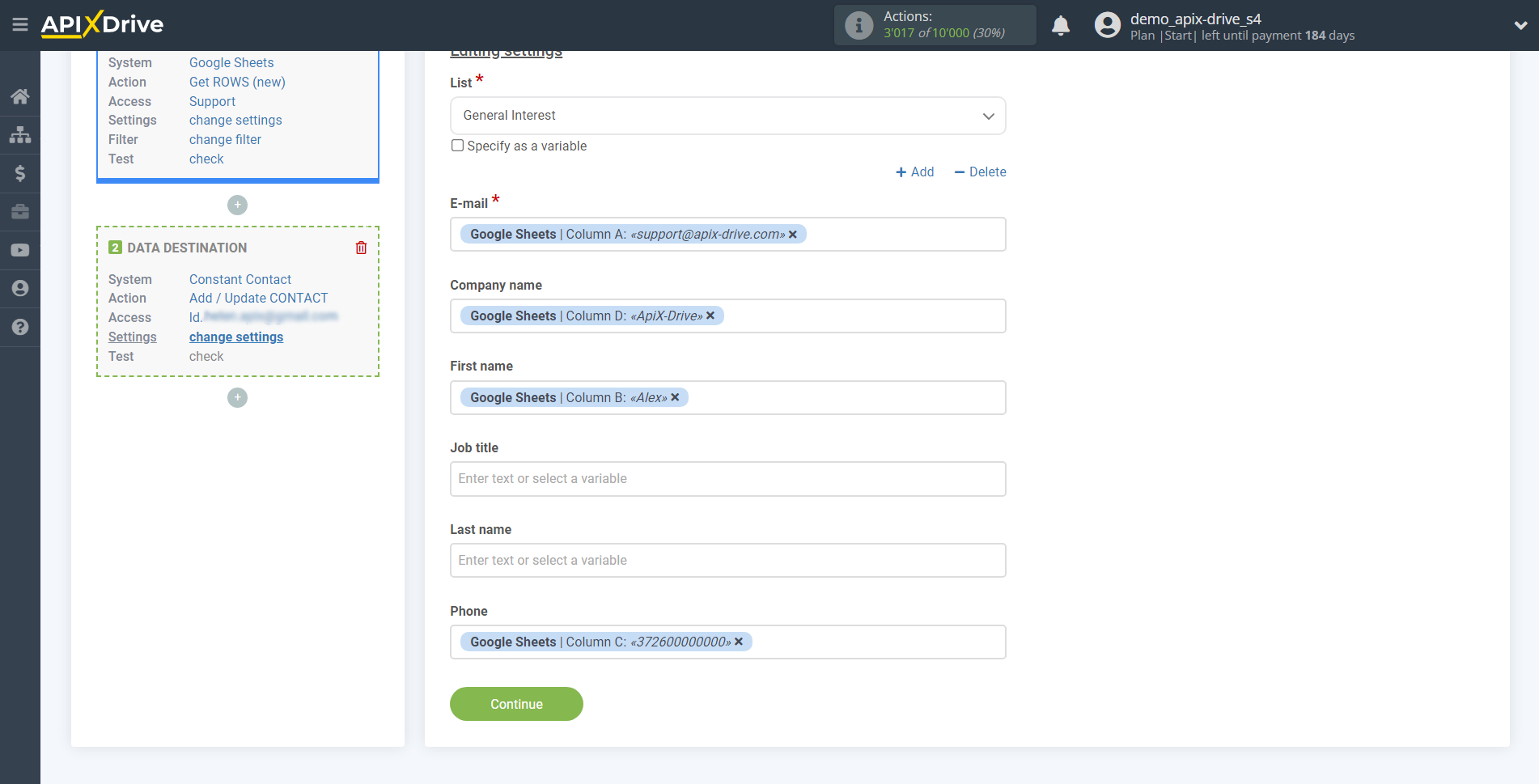 How to Connect Constant Contact as Data Destination | Assigning fields