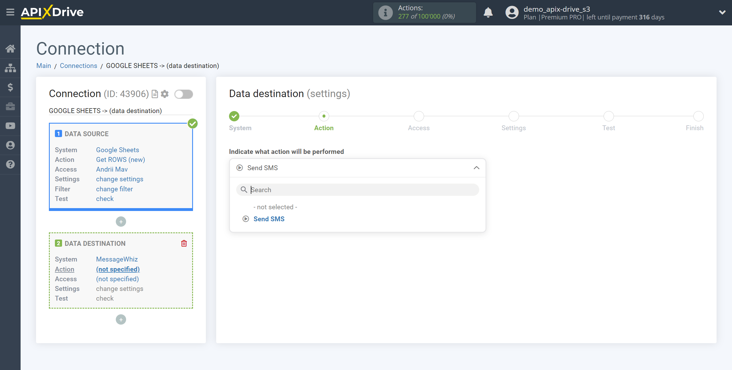 How to Connect MessageWhiz as Data Destination | Action selection