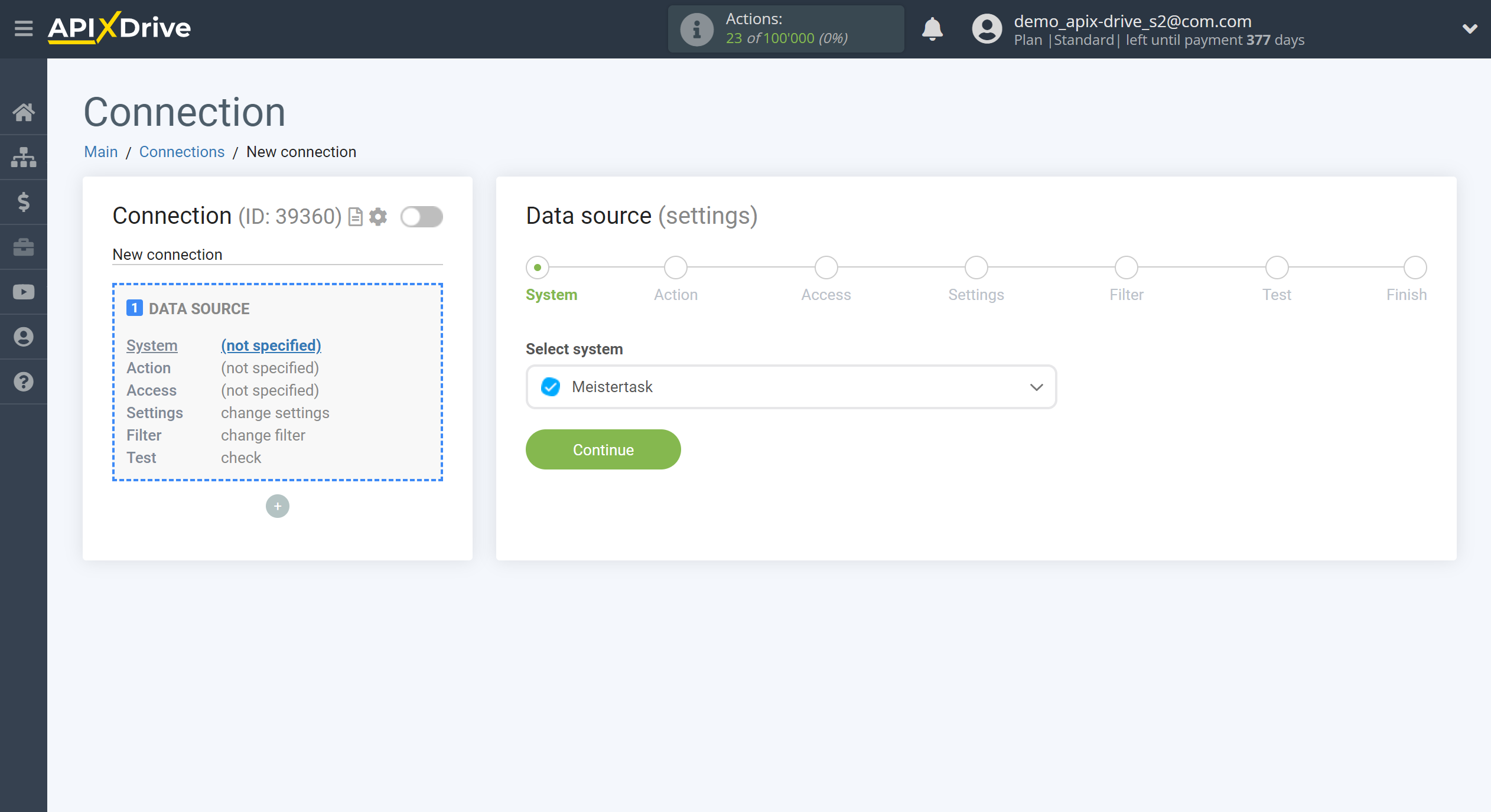 How to Connect MeisterTask as Data Source | System selection