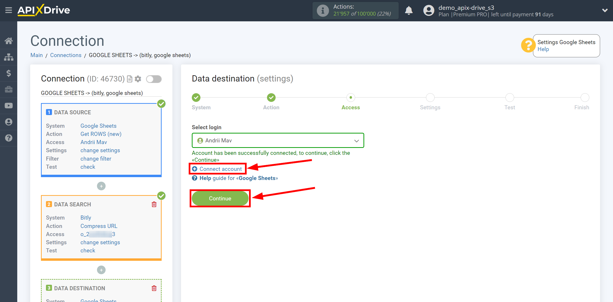 Setting up Bitly Data Search in Google Sheets | Account selection