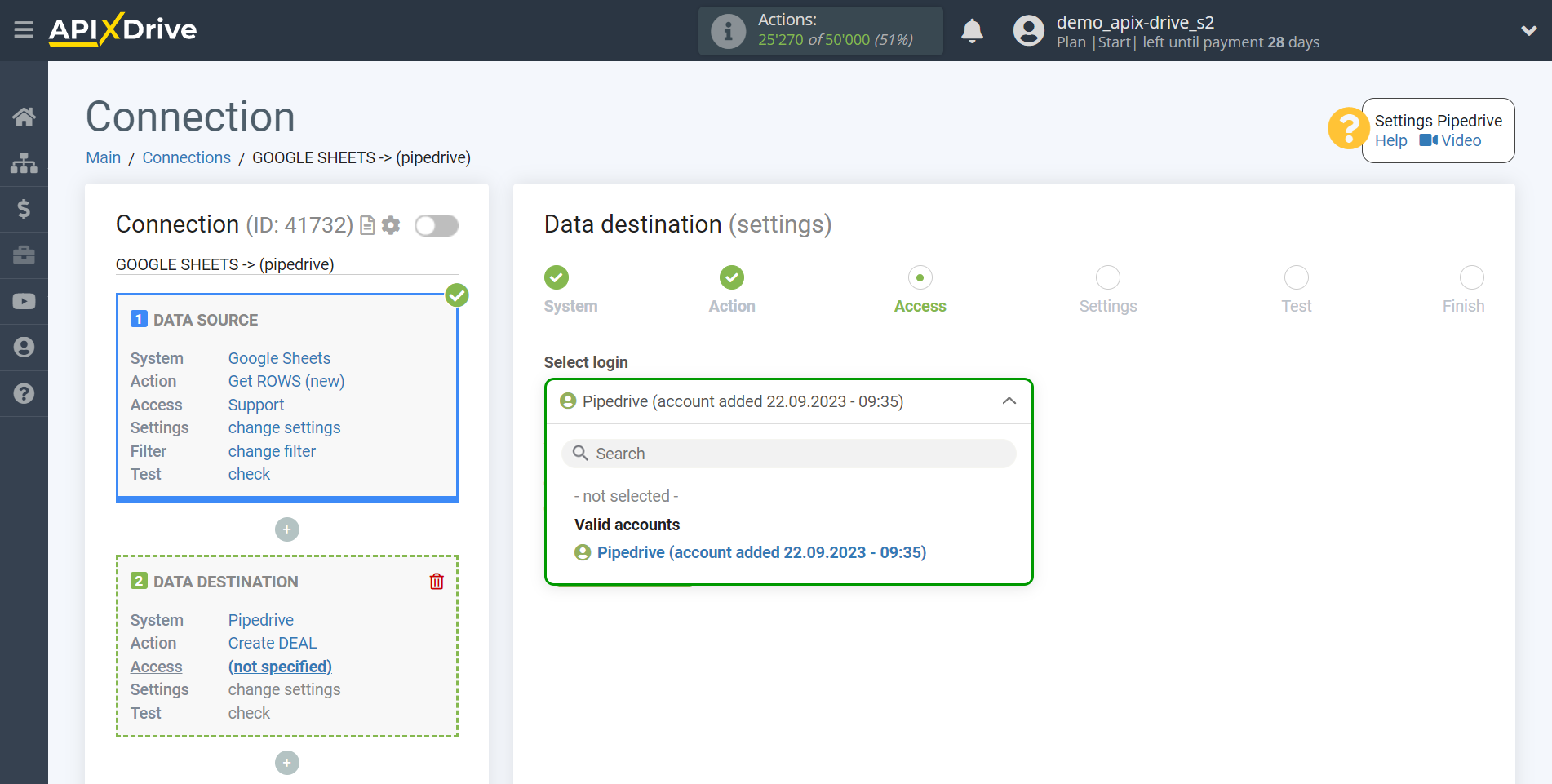 How to Connect Pipedrive as Data Destination | Account selection