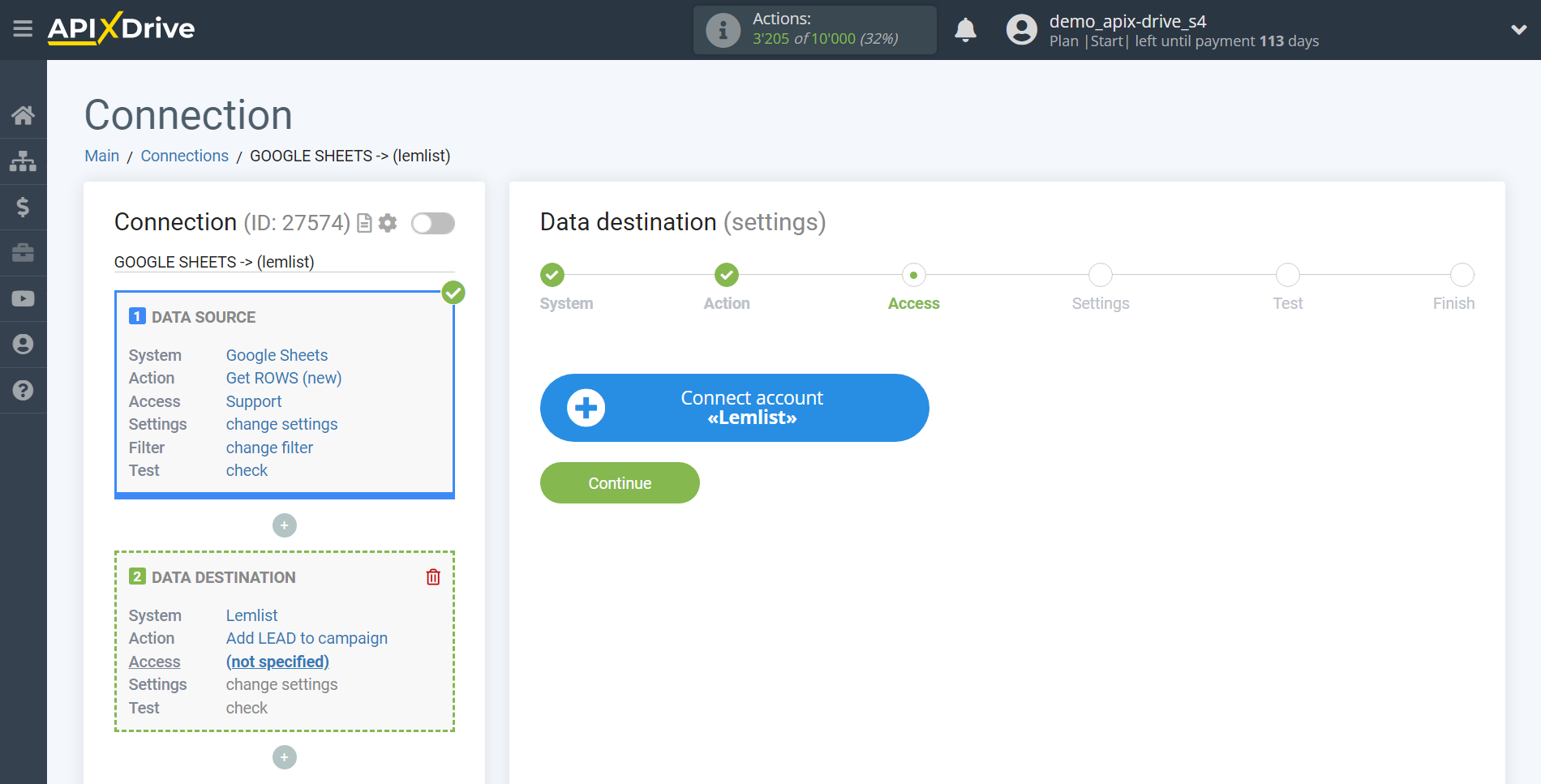 How to Connect Lemlist as Data Destination | Account connection