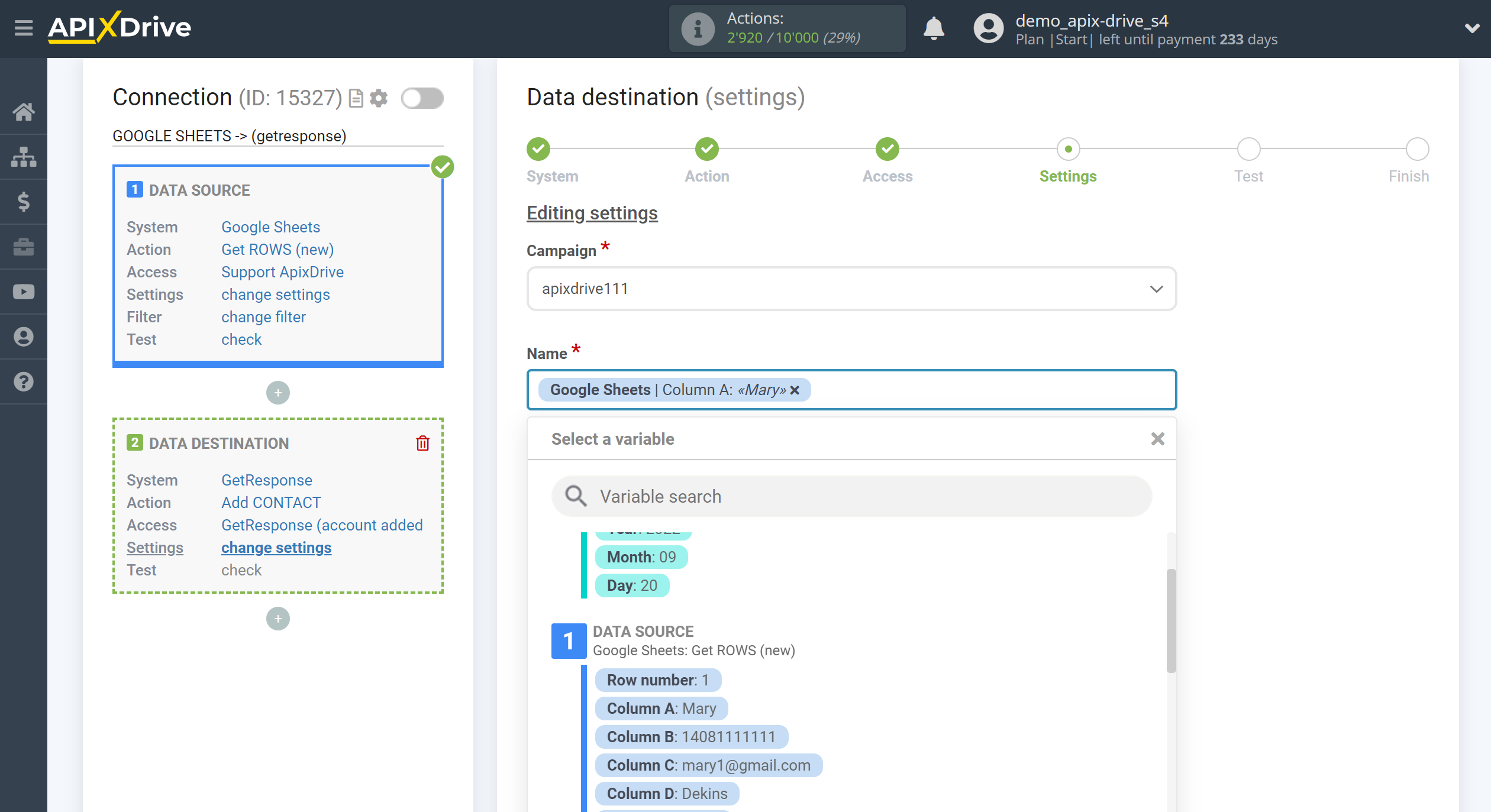 How to Connect GetResponse as Data Destination | Assigning fields