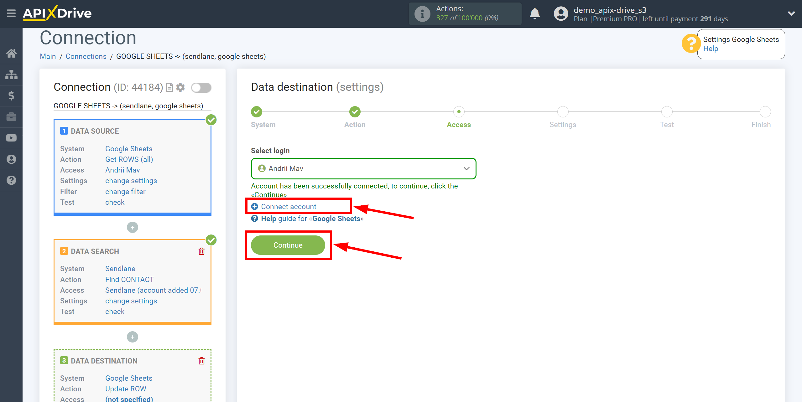 Setting up Sendlane Contact Search in Google Sheets | Account selection