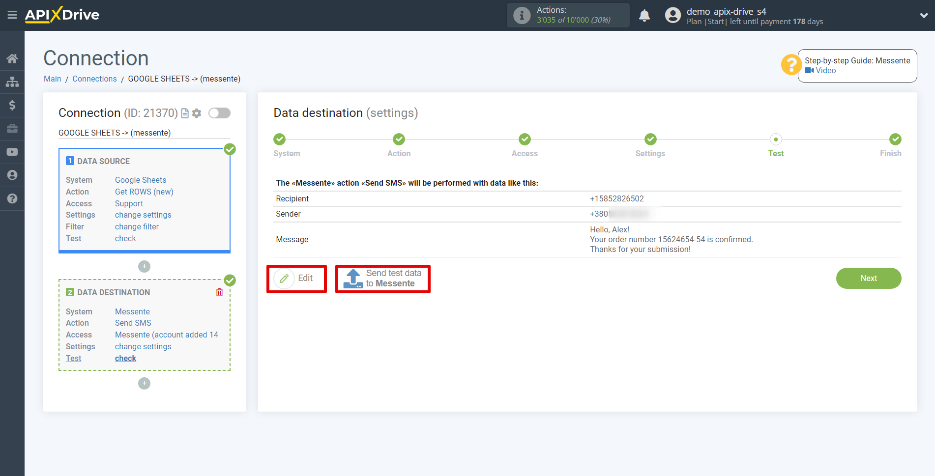 How to Connect Messente as Data Destination | Test data