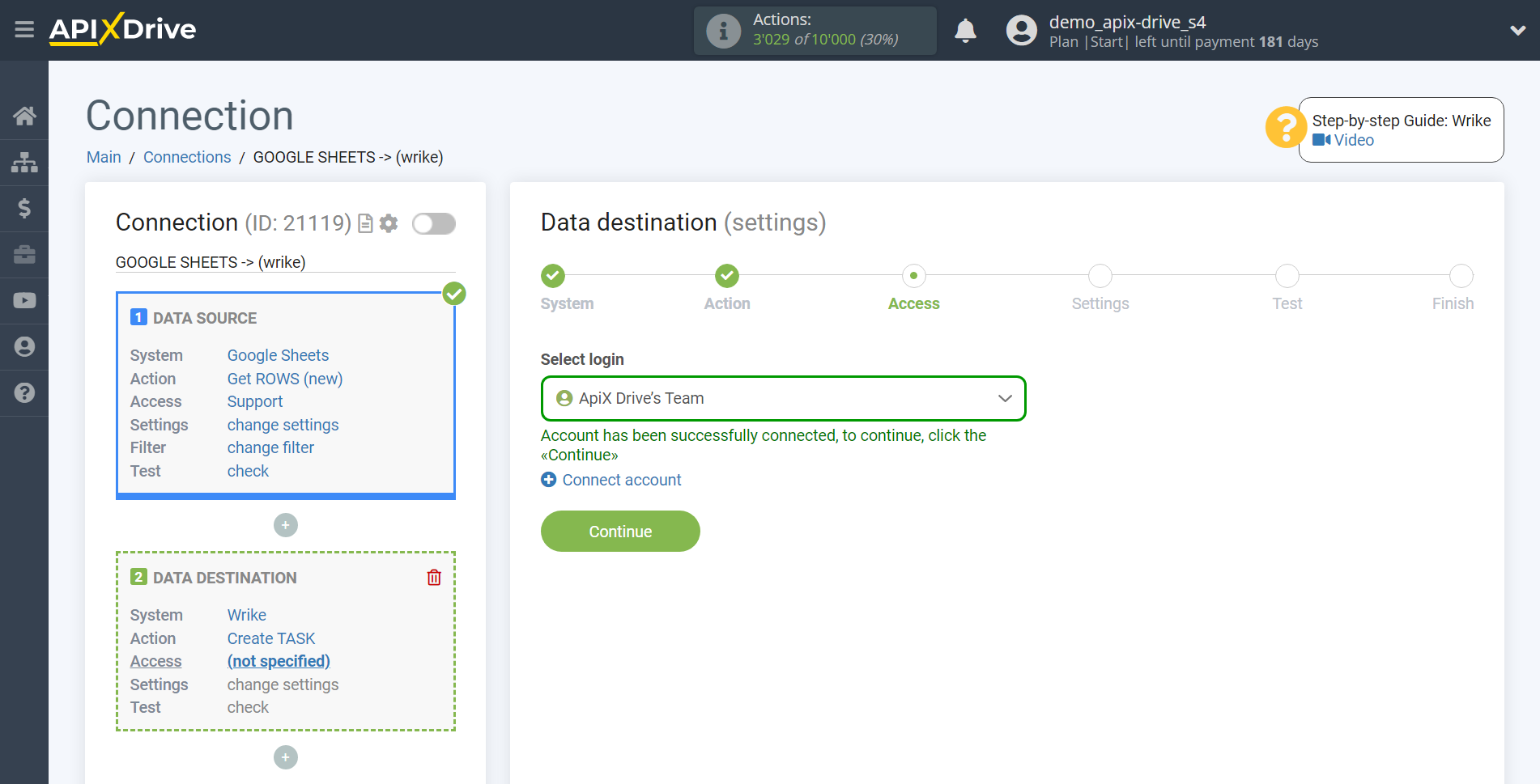 How to Connect Wrike as Data Destination | Account selection